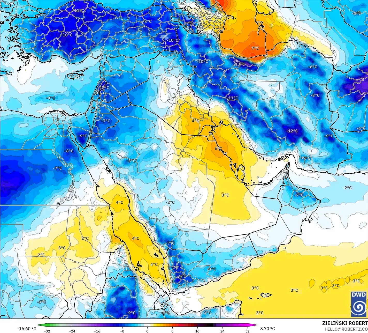 ICON modelo - Oriente Medio, Anomalía de temperatura a 850 hPa