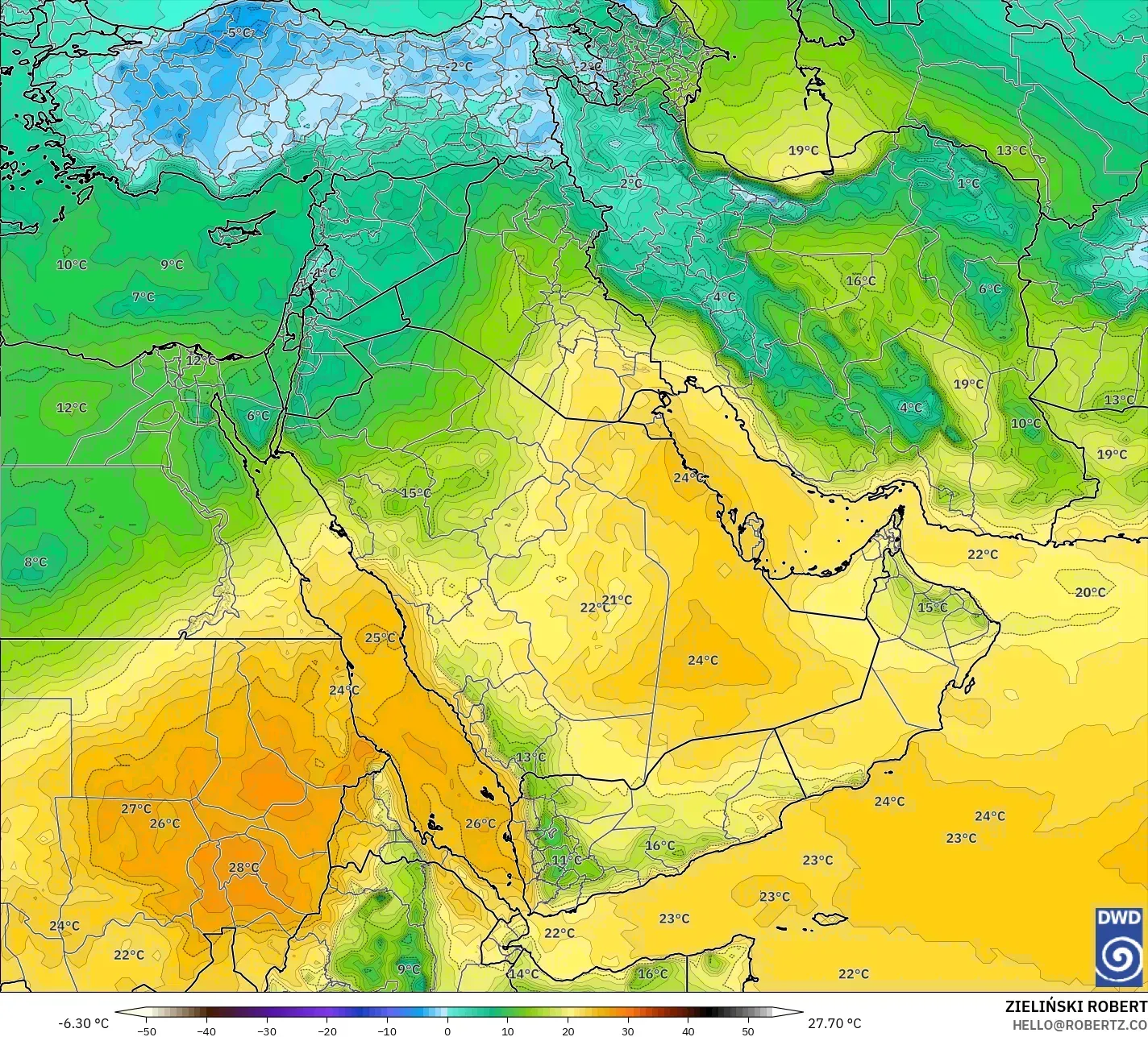 ICON modelo - Oriente Medio, Temperatura a 850 hPa