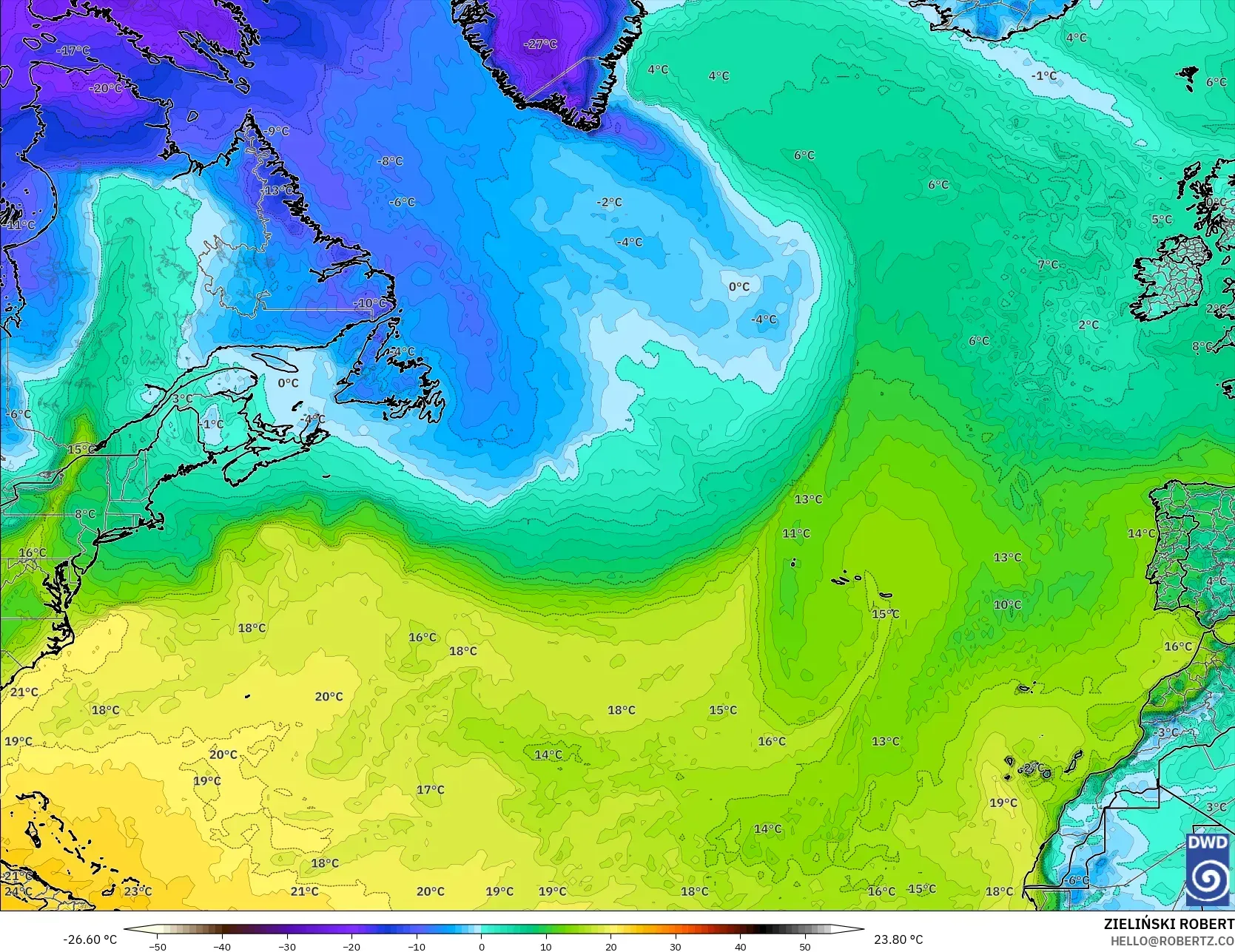 ICON modelo - Norte Atlántico, Punto de rocío a 2 m