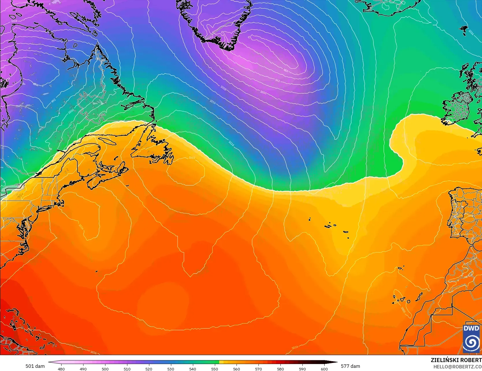 ICON modelo - Norte Atlántico, Altura geopotencial a 500 hPa