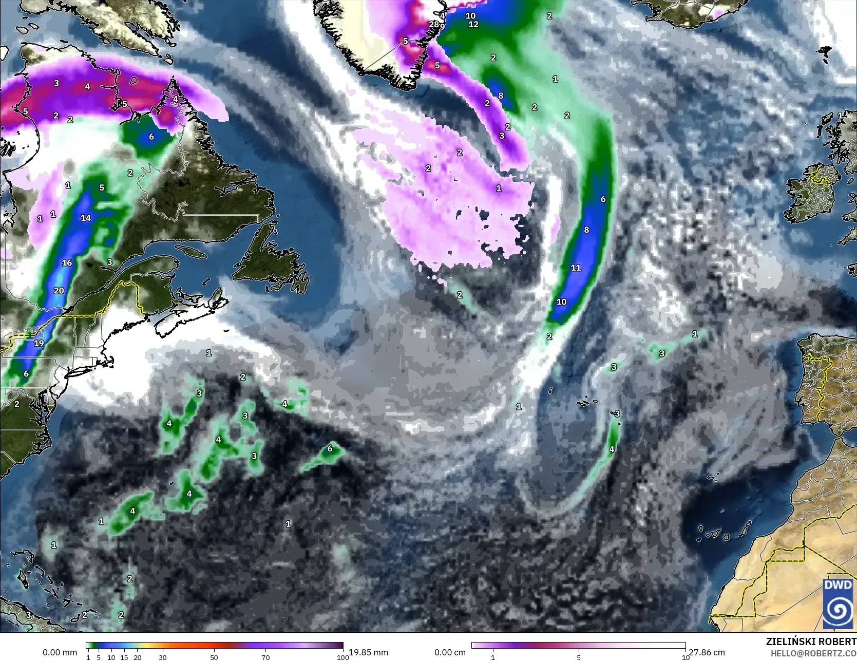 ICON modelo - Norte Atlántico, Precipitación, nubes y presión