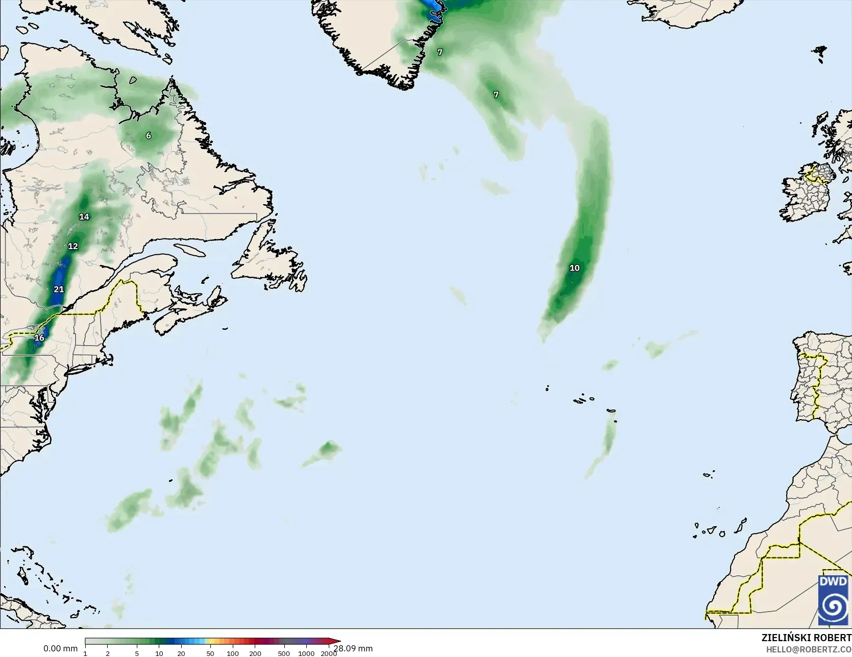 ICON modelo - Norte Atlántico, Acumulación de precipitación