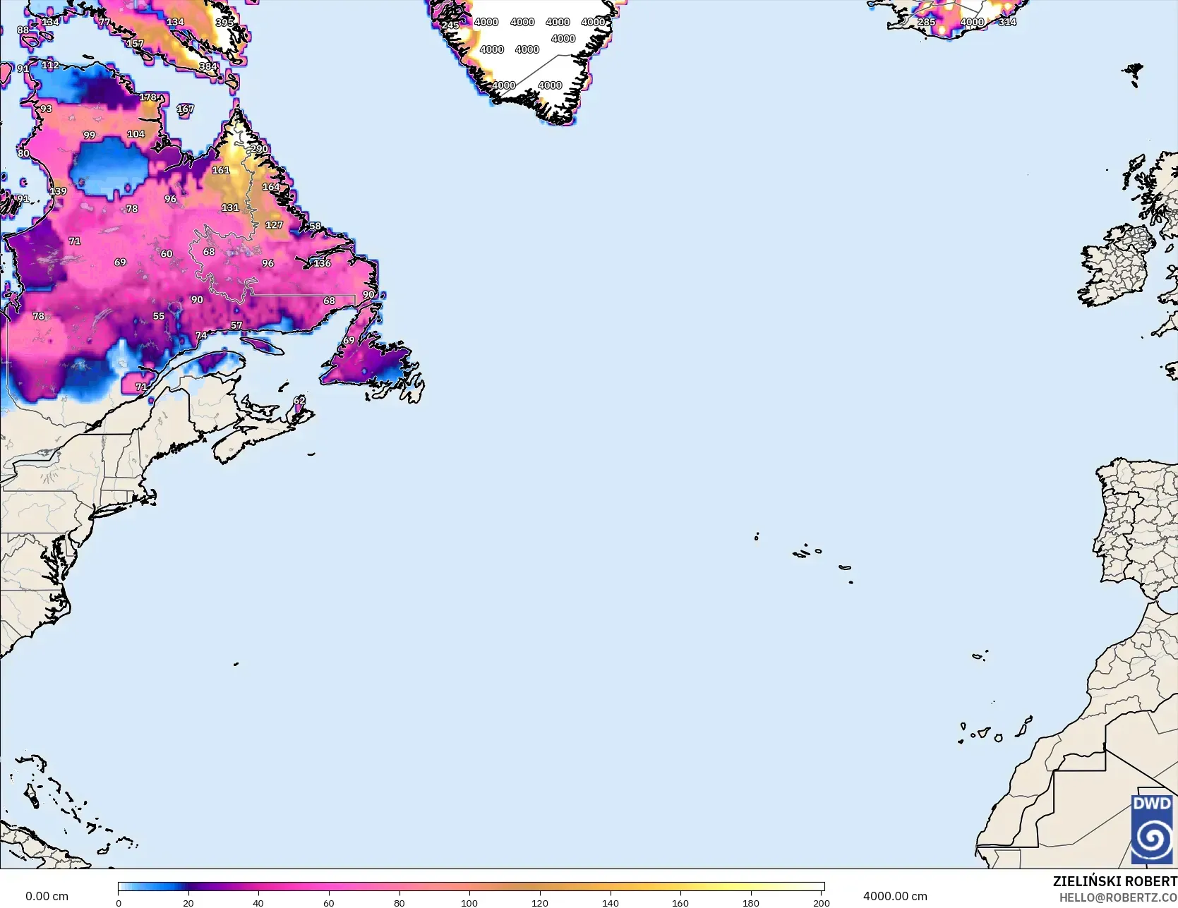 ICON modelo - Norte Atlántico, Profundidad de nieve