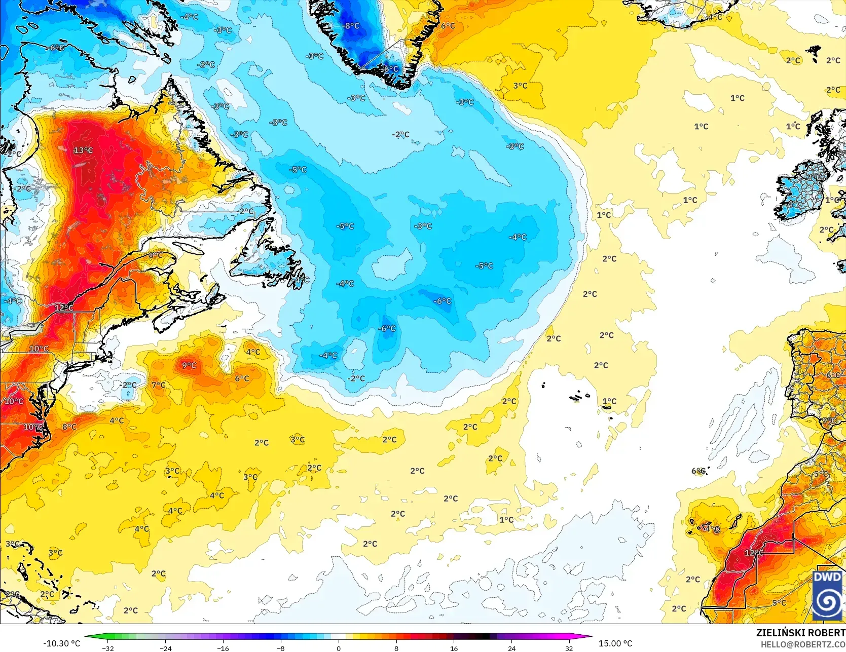 ICON modelo - Norte Atlántico, Anomalía de temperatura a 2 m