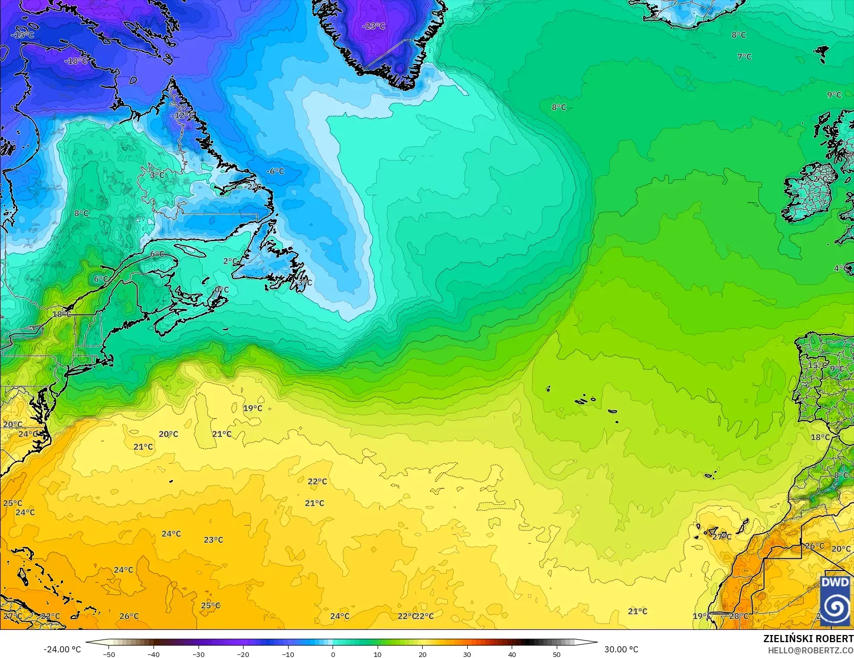 ICON modelo - Norte Atlántico, Temperatura a 2 m