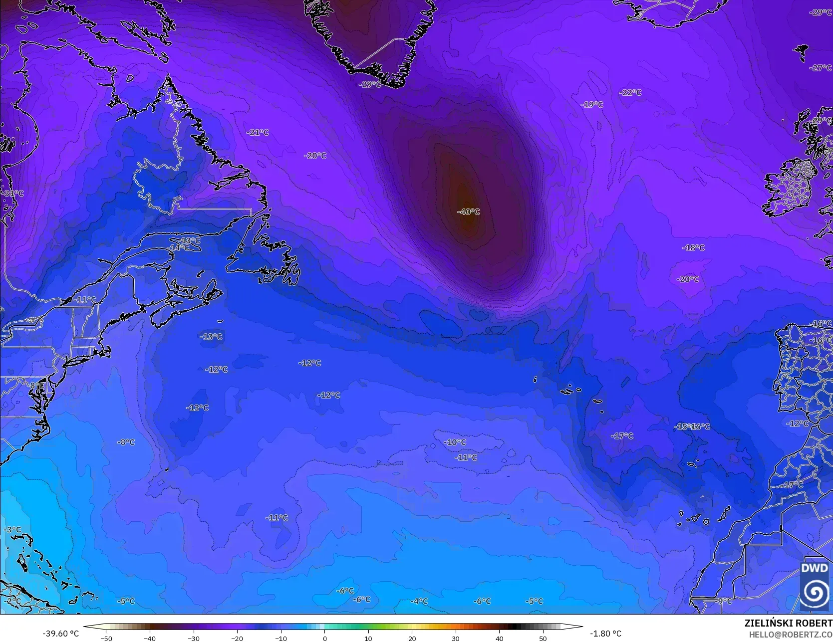 ICON modelo - Norte Atlántico, Temperatura a 500 hPa