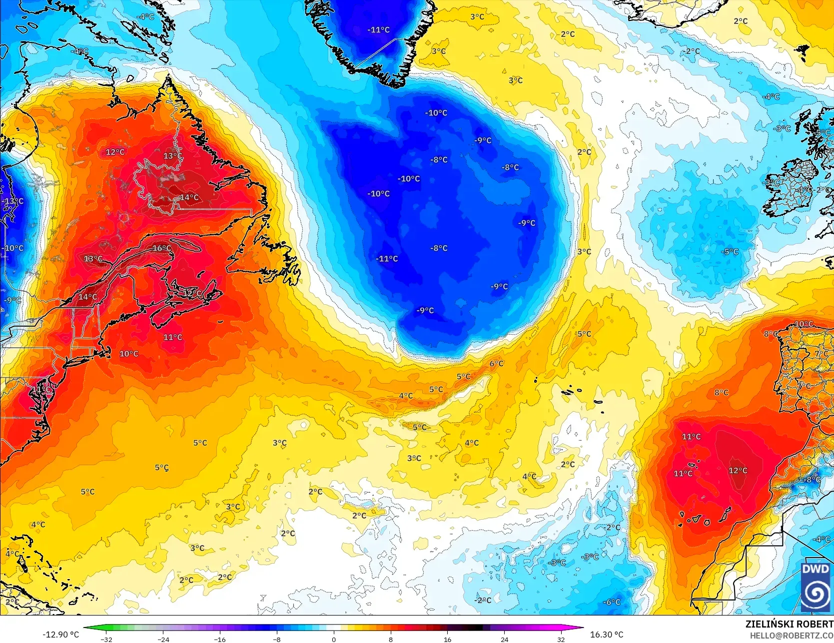 ICON modelo - Norte Atlántico, Anomalía de temperatura a 850 hPa