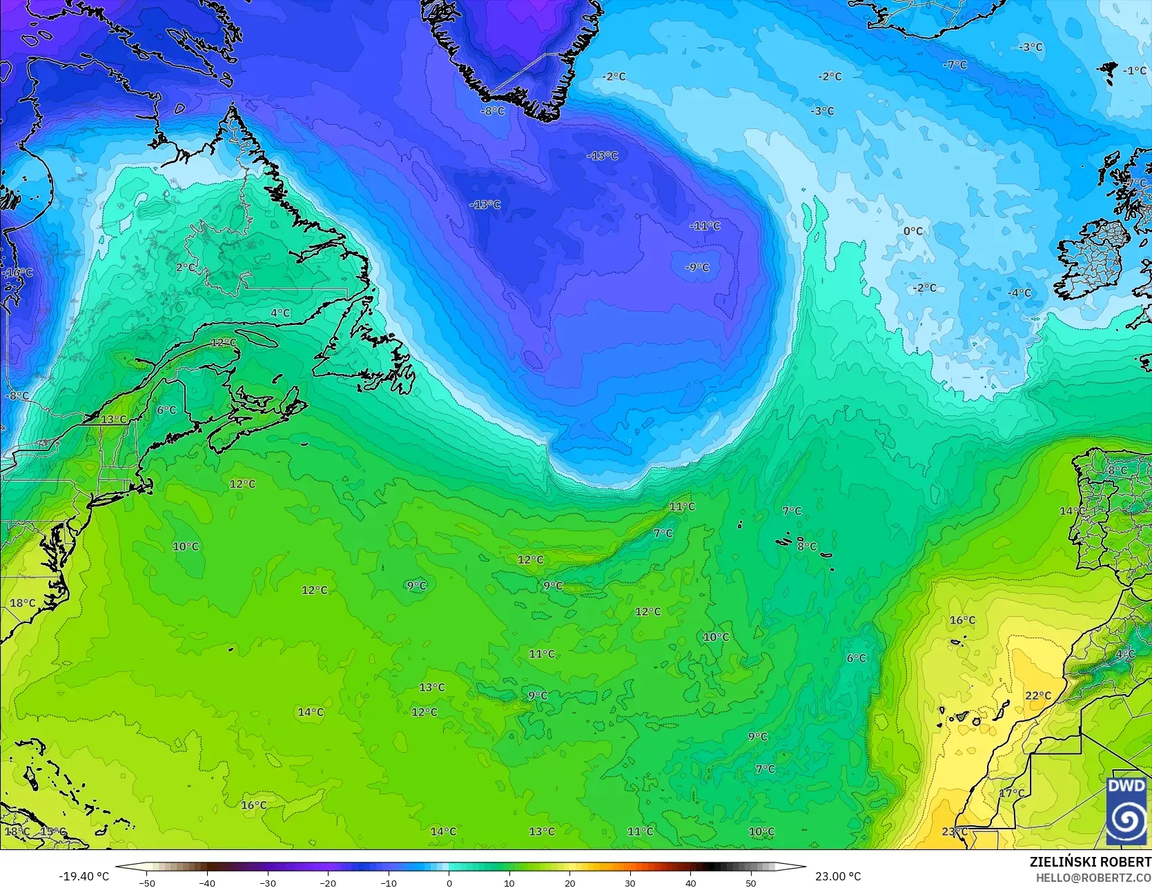 ICON modelo - Norte Atlántico, Temperatura a 850 hPa