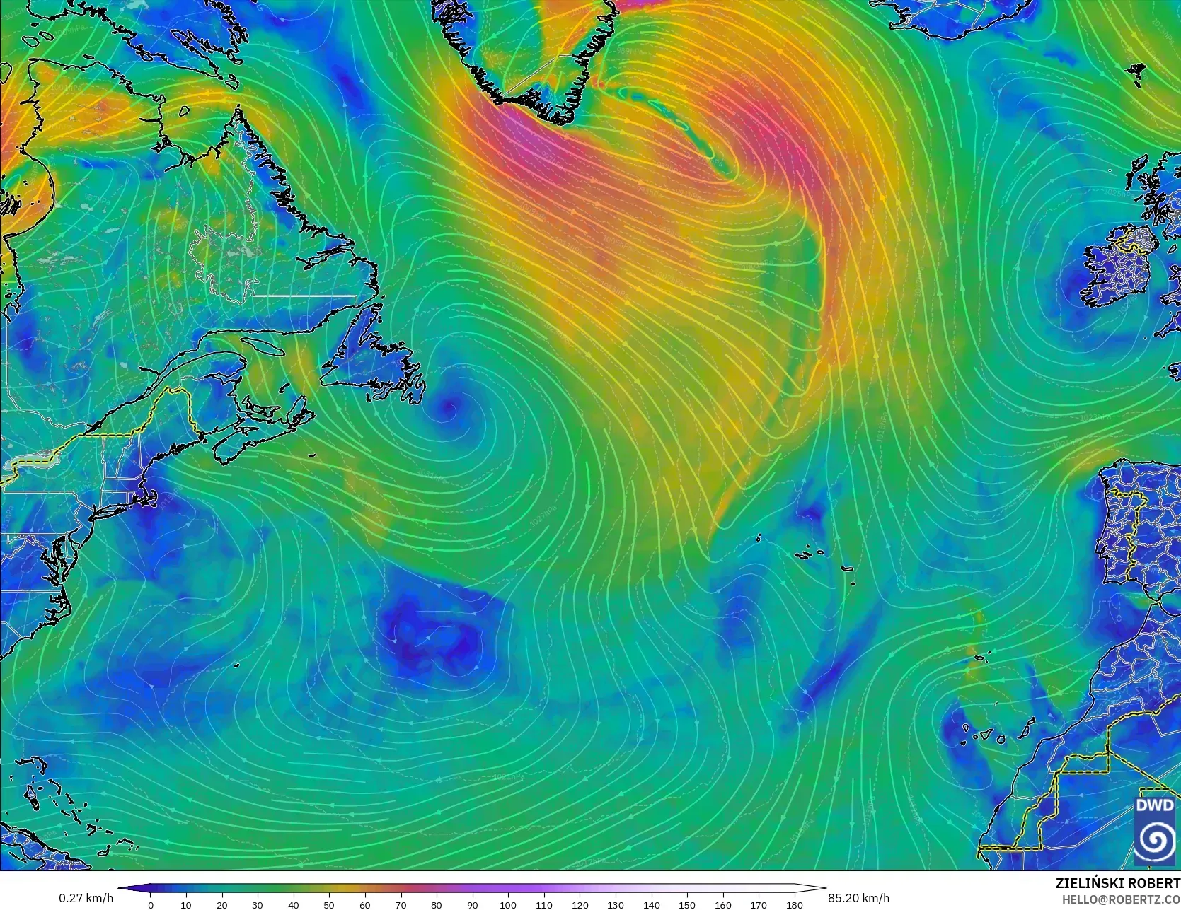 ICON modelo - Norte Atlántico, Viento a 10 m