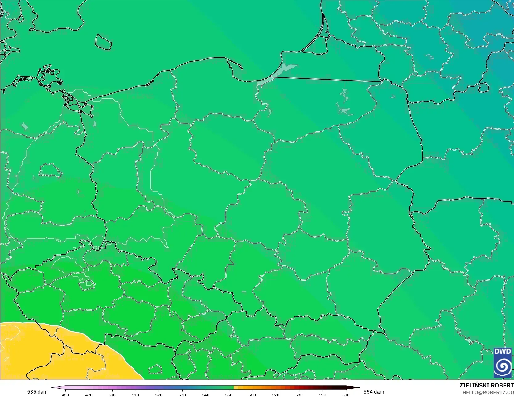 ICON modelo - Polonia, Altura geopotencial a 500 hPa