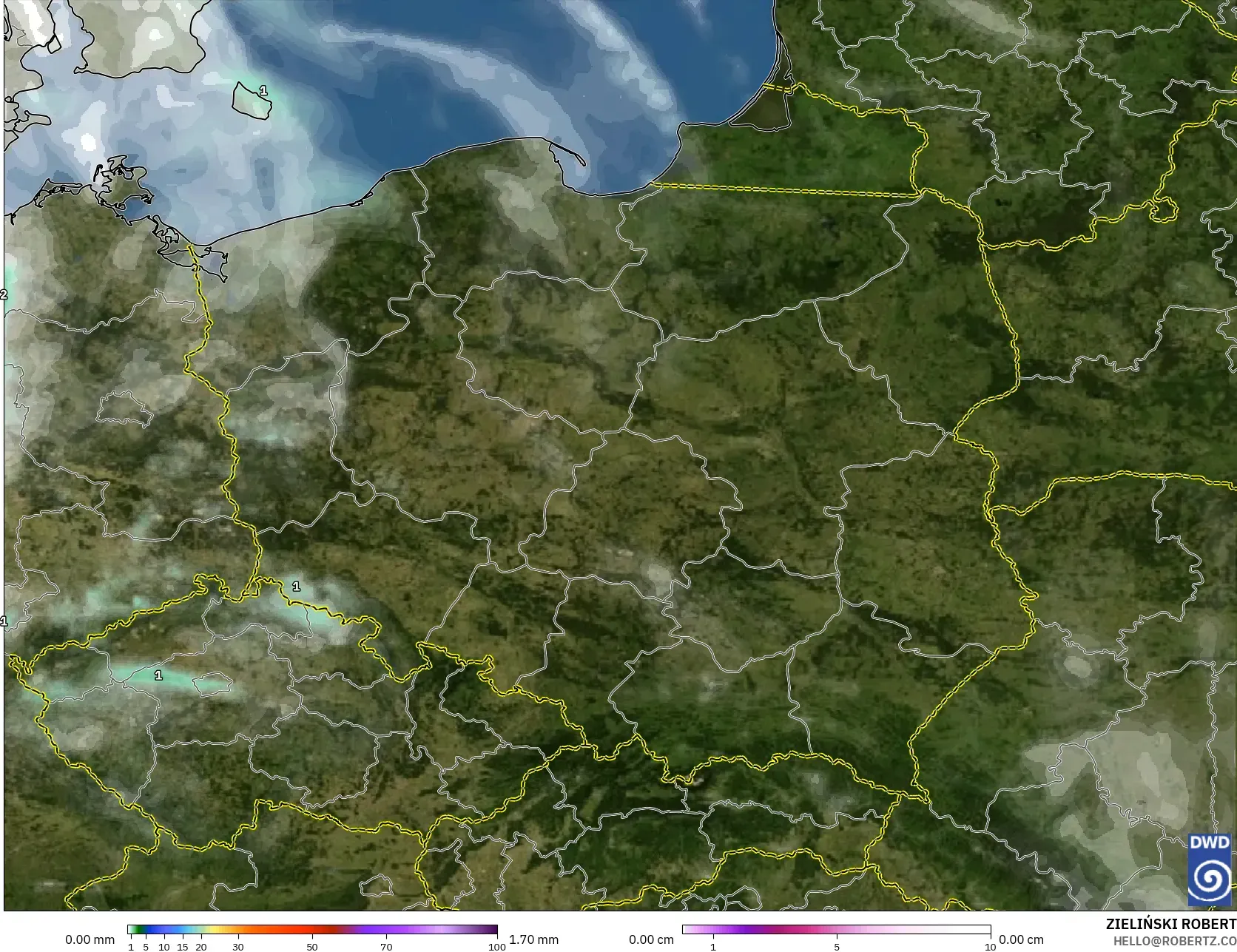 ICON modelo - Polonia, Precipitación, nubes y presión