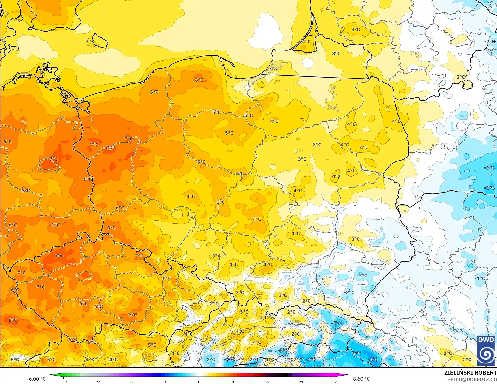 ICON modelo - Polonia, Anomalía de temperatura a 2 m