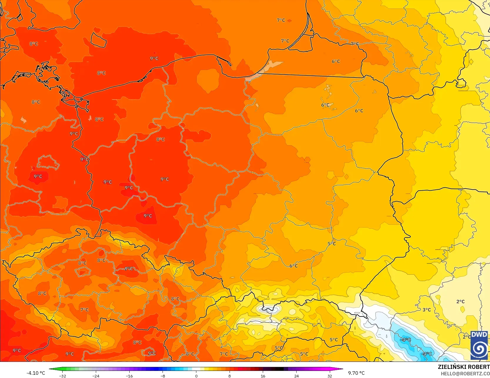 ICON modelo - Polonia, Anomalía de temperatura a 850 hPa