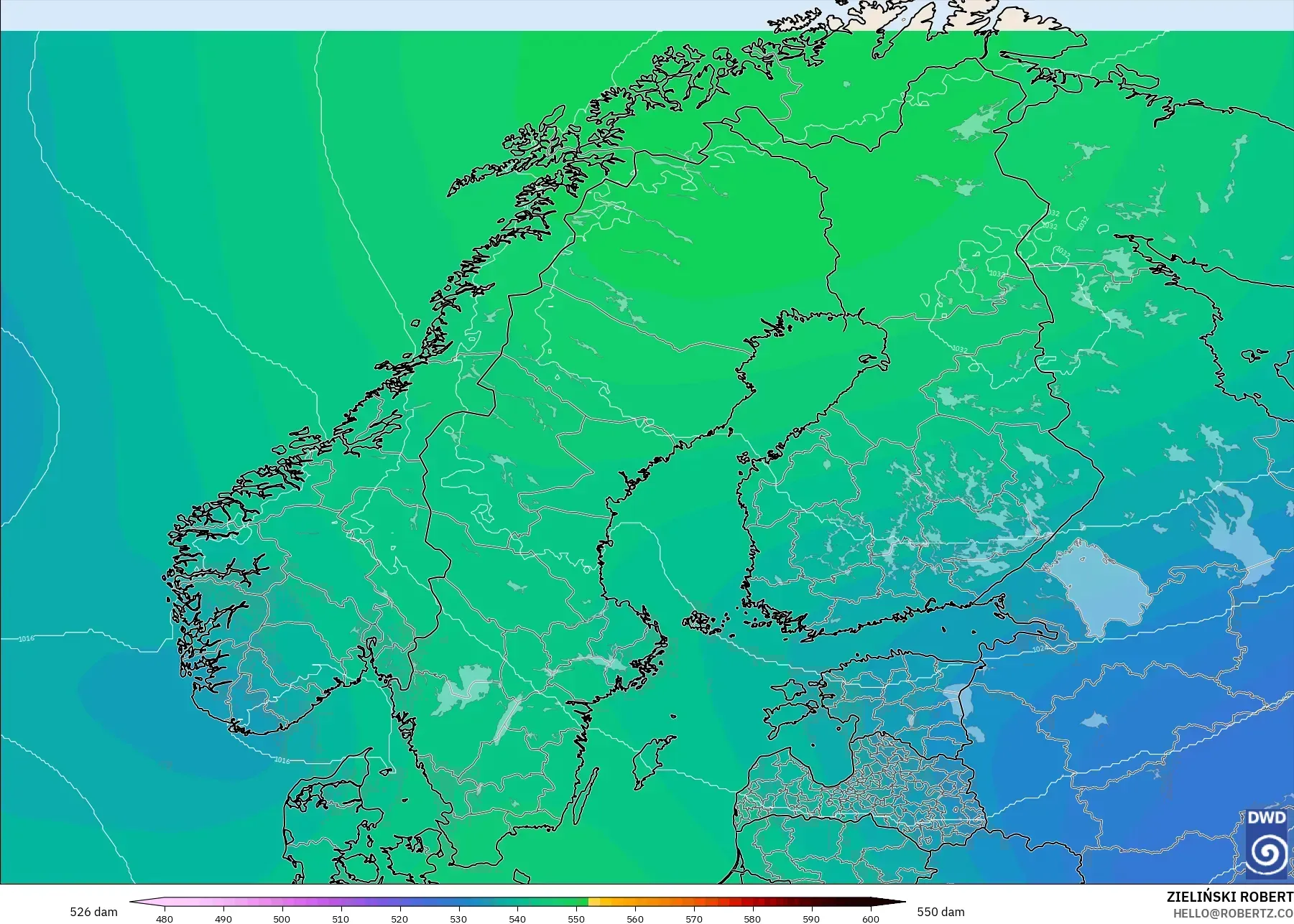 ICON modelo - Escandinavia, Altura geopotencial a 500 hPa