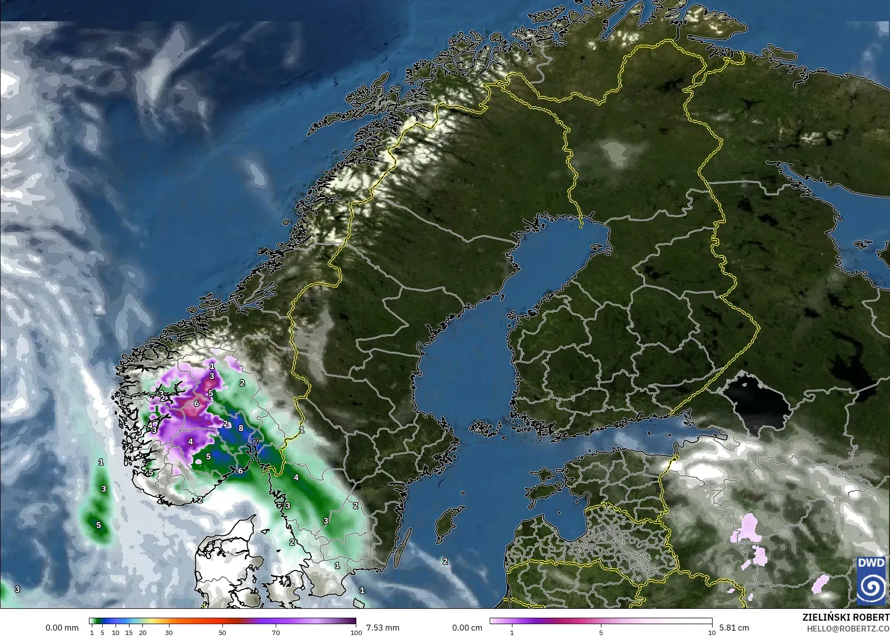 ICON modelo - Escandinavia, Precipitación, nubes y presión