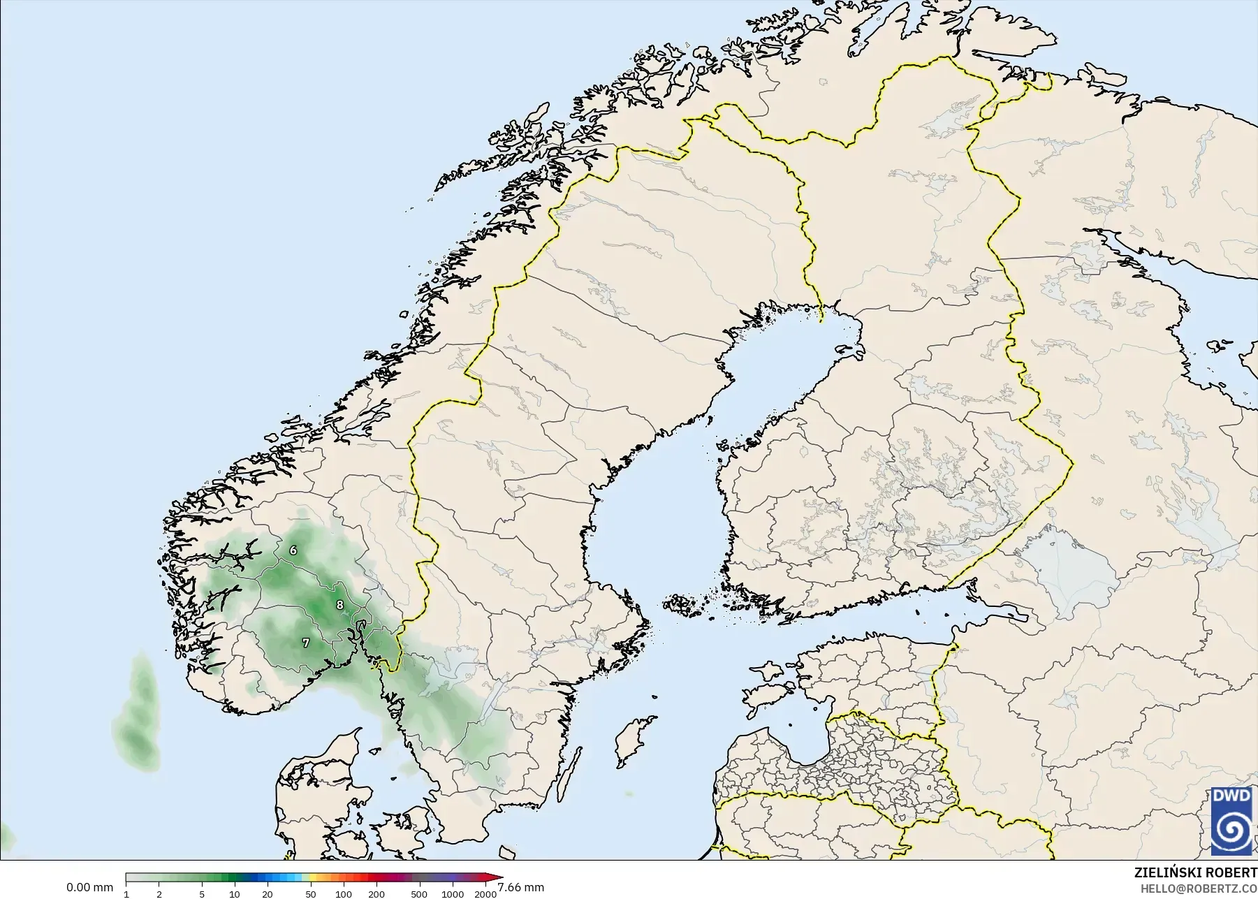 ICON modelo - Escandinavia, Acumulación de precipitación