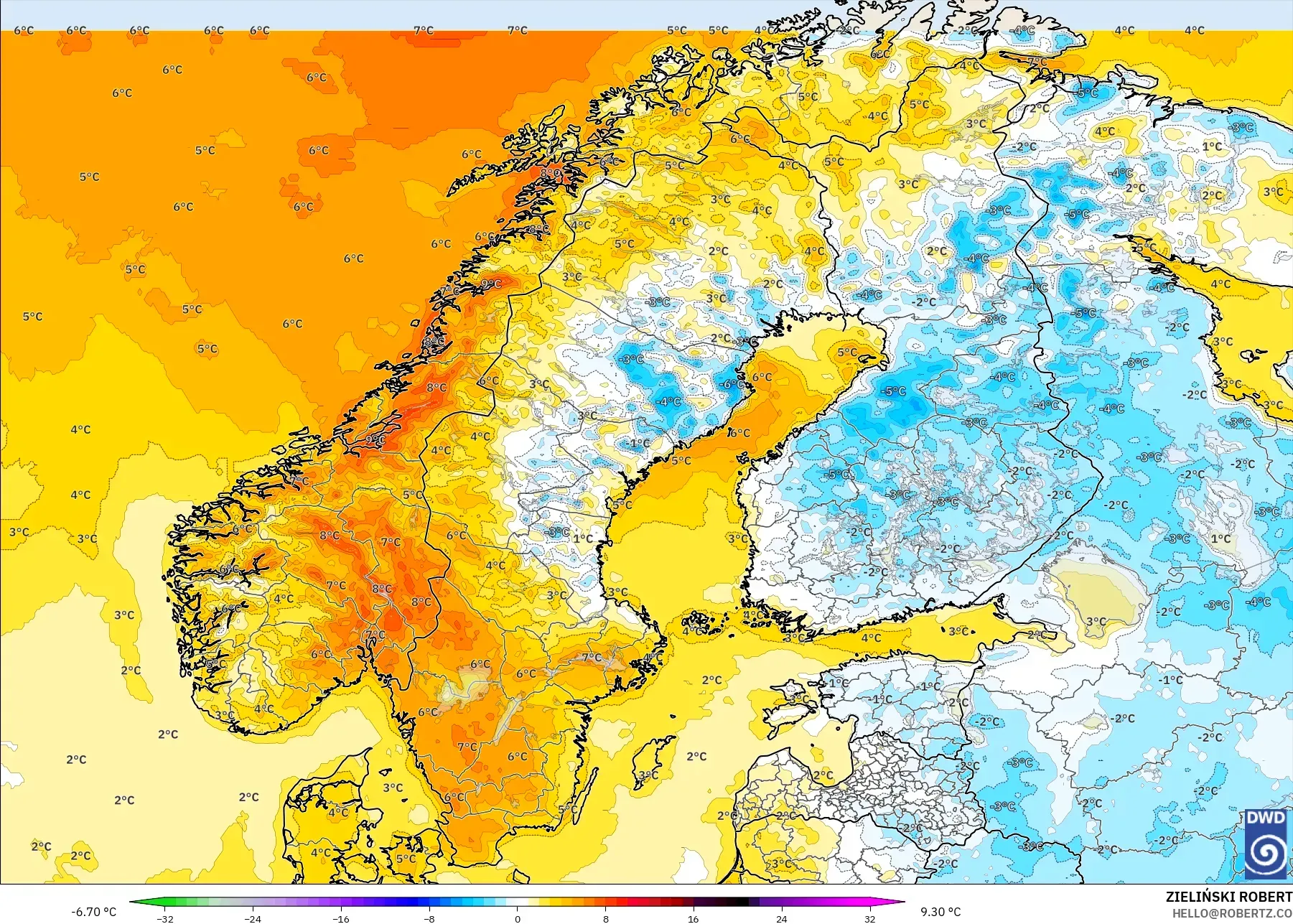 ICON modelo - Escandinavia, Anomalía de temperatura a 2 m