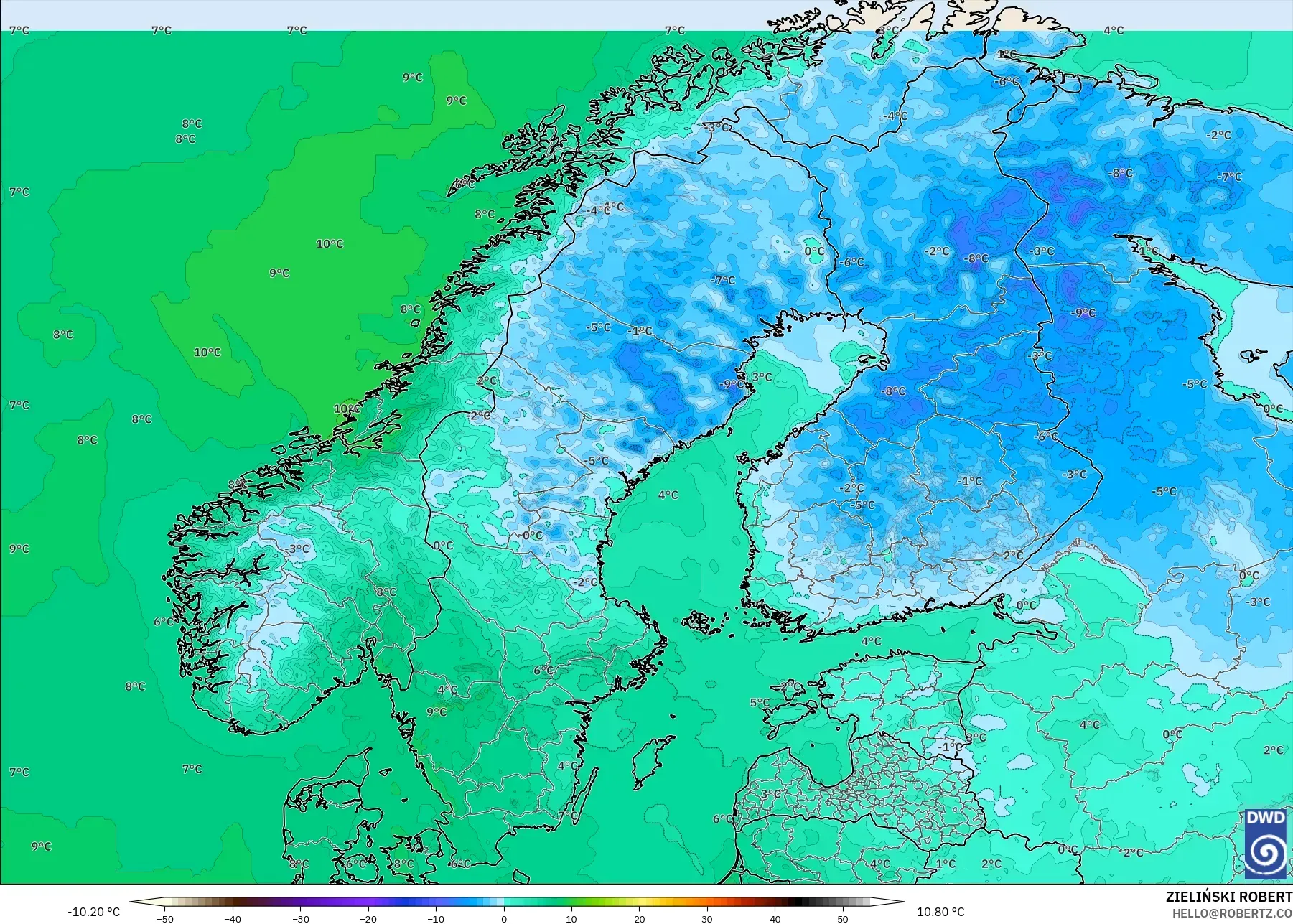 ICON modelo - Escandinavia, Temperatura a 2 m