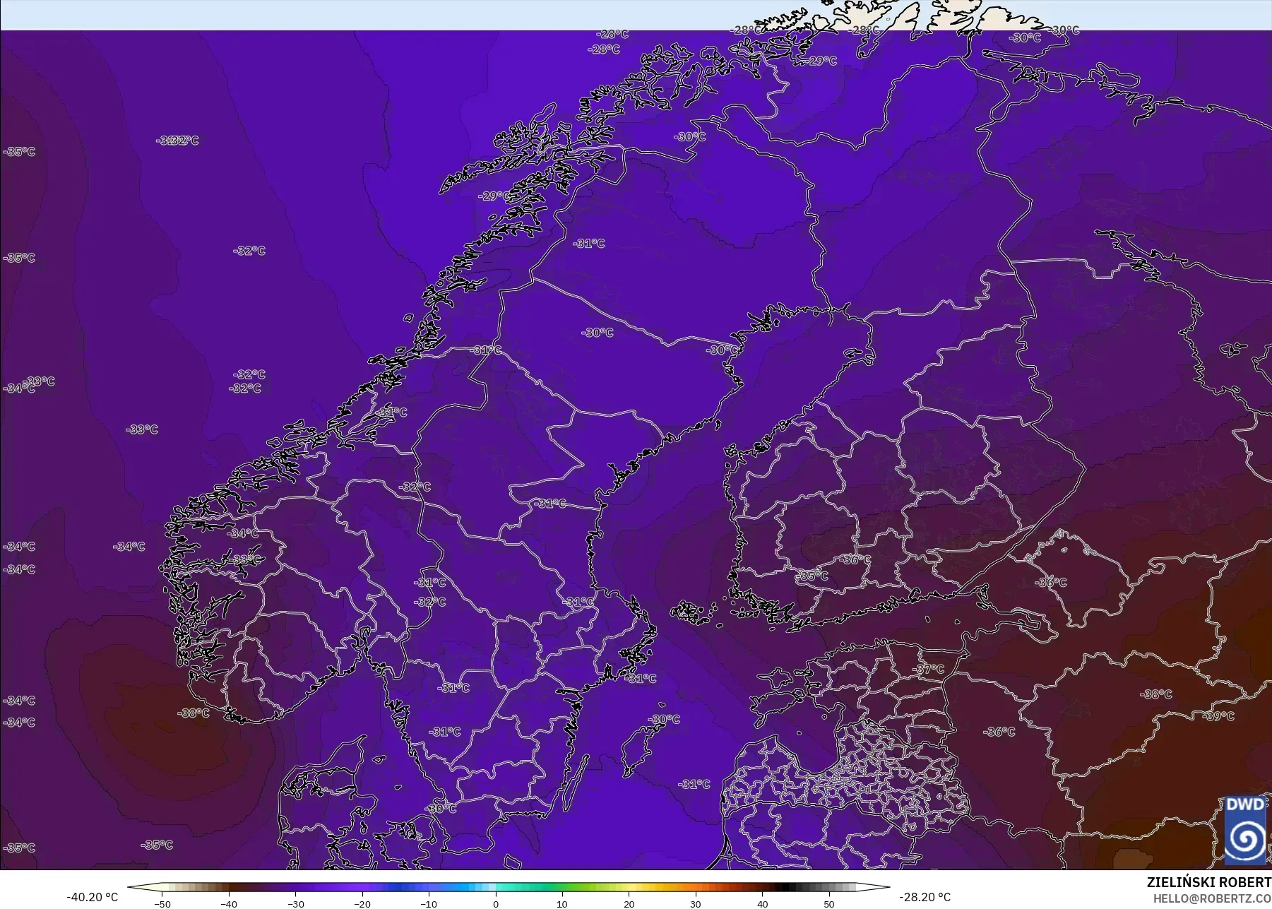 ICON modelo - Escandinavia, Temperatura a 500 hPa