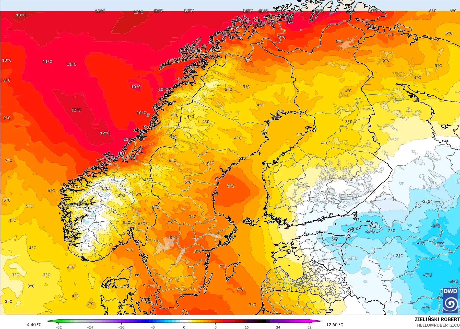 ICON modelo - Escandinavia, Anomalía de temperatura a 850 hPa