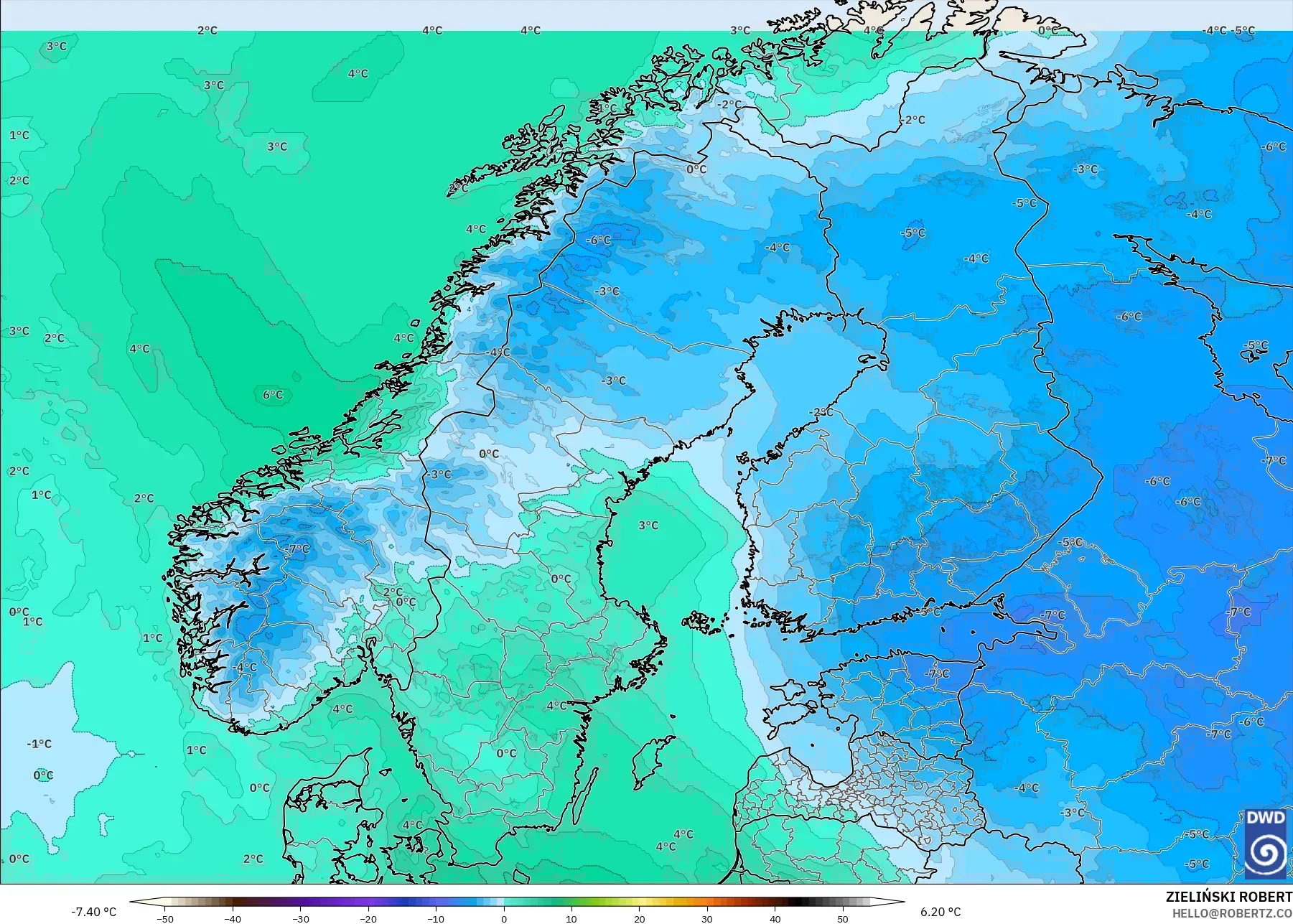 ICON modelo - Escandinavia, Temperatura a 850 hPa