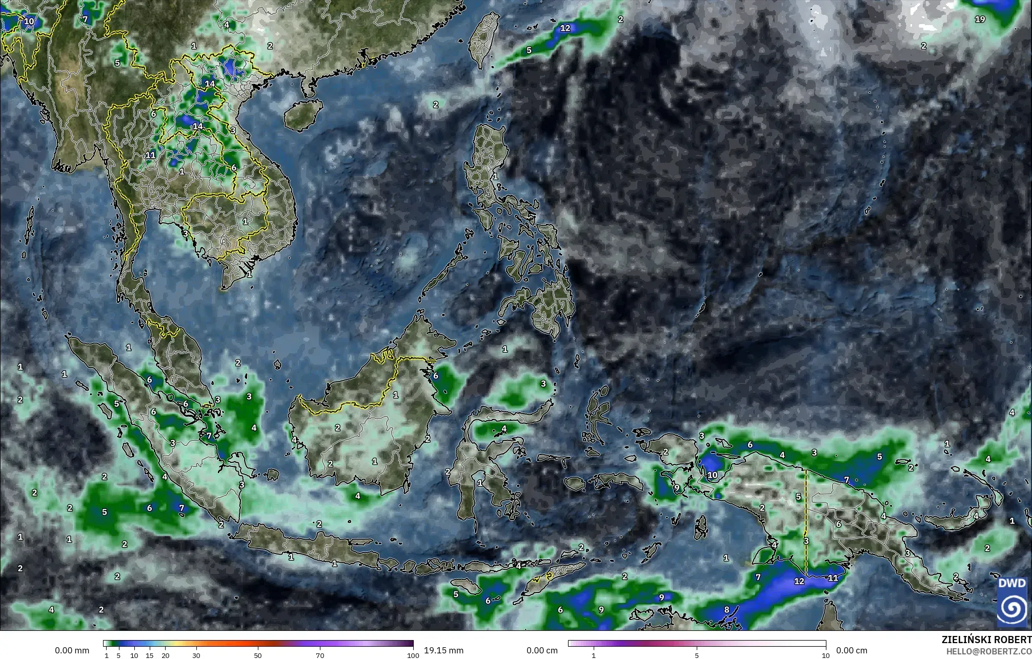 ICON modelo - Sudeste Asiático, Precipitación, nubes y presión