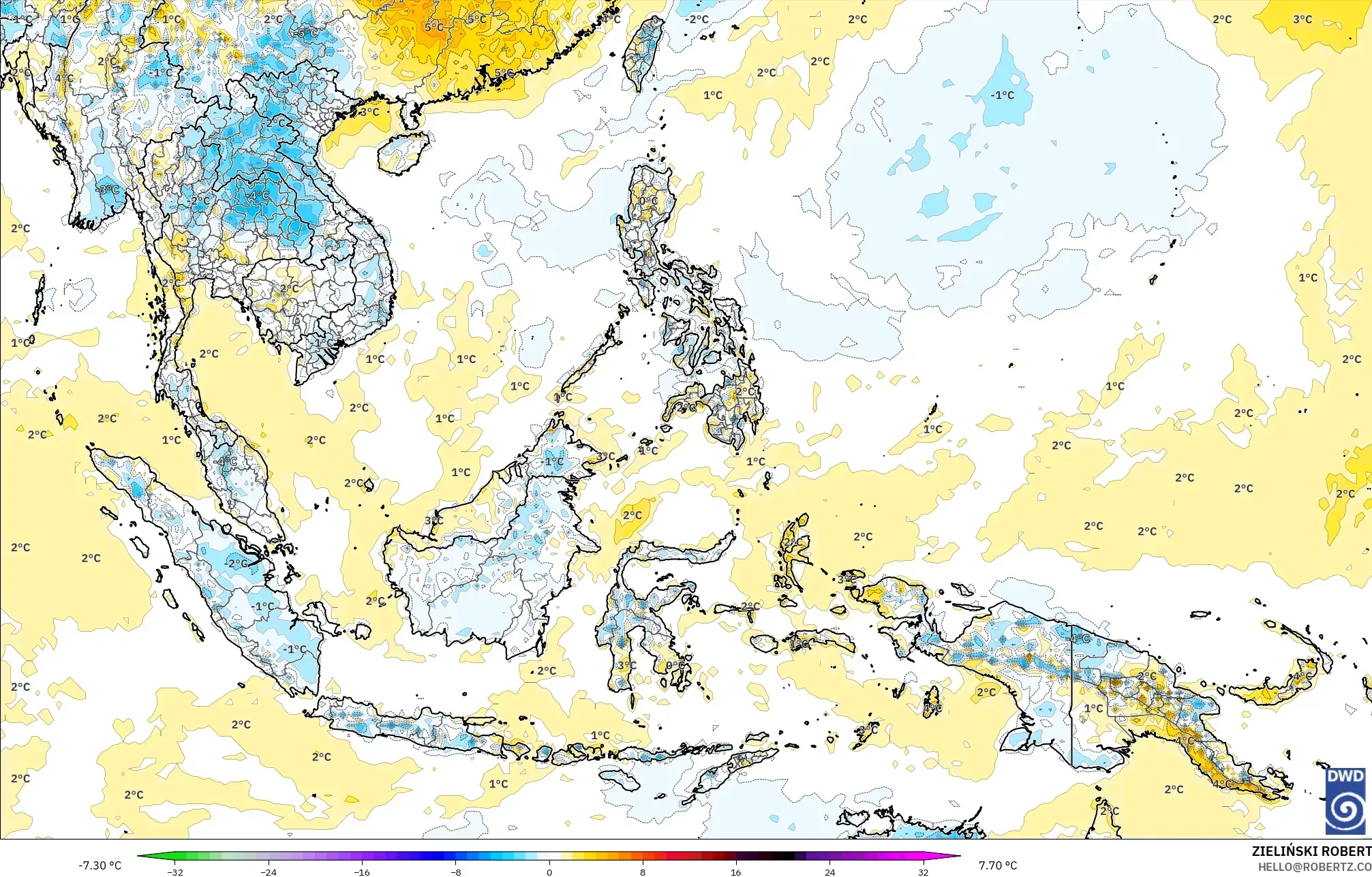 ICON modelo - Sudeste Asiático, Anomalía de temperatura a 2 m