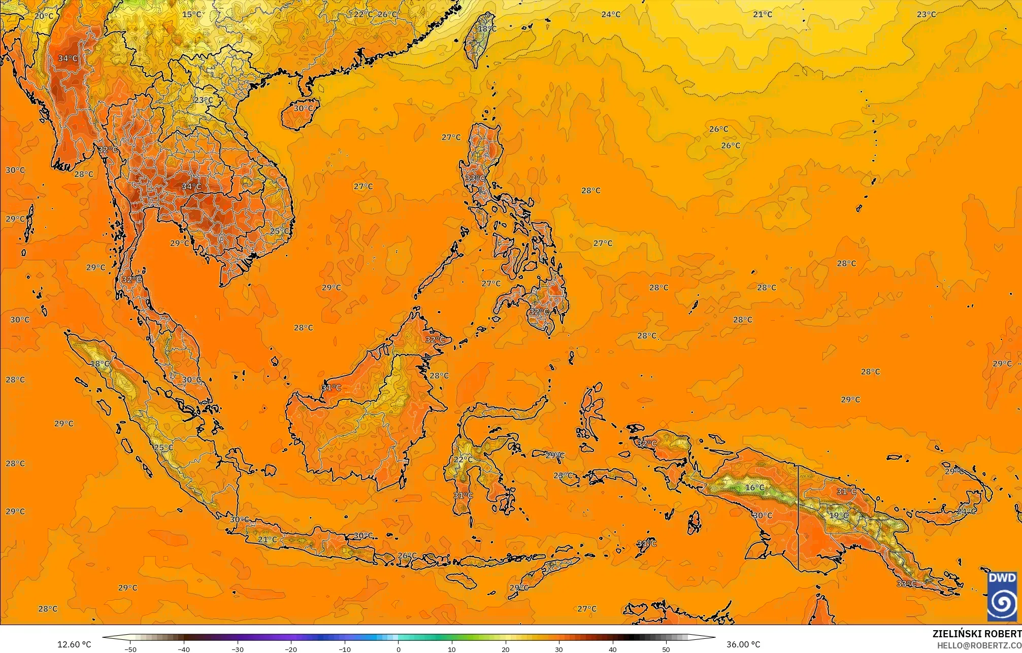 ICON modelo - Sudeste Asiático, Temperatura a 2 m