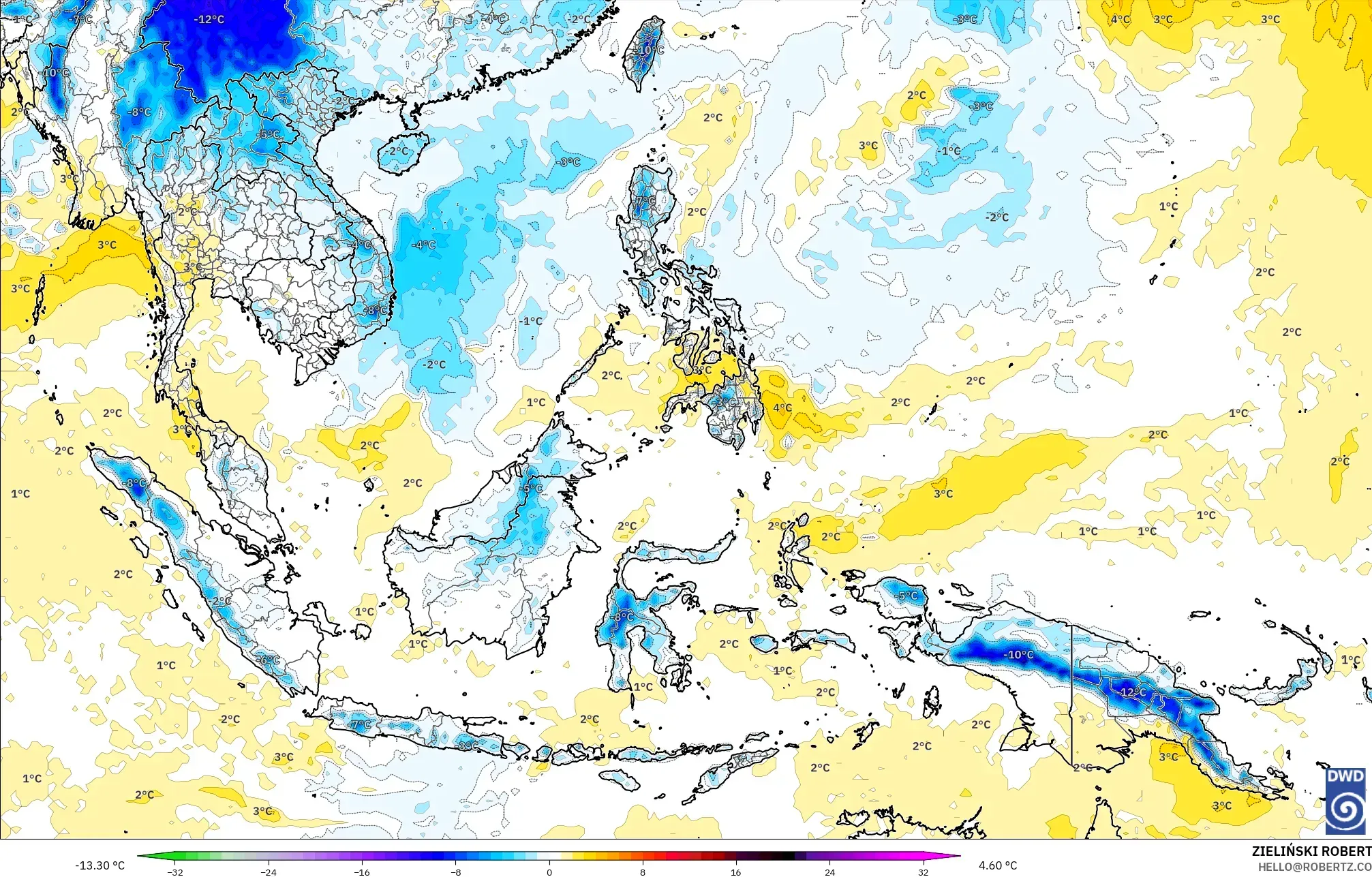 ICON modelo - Sudeste Asiático, Anomalía de temperatura a 850 hPa