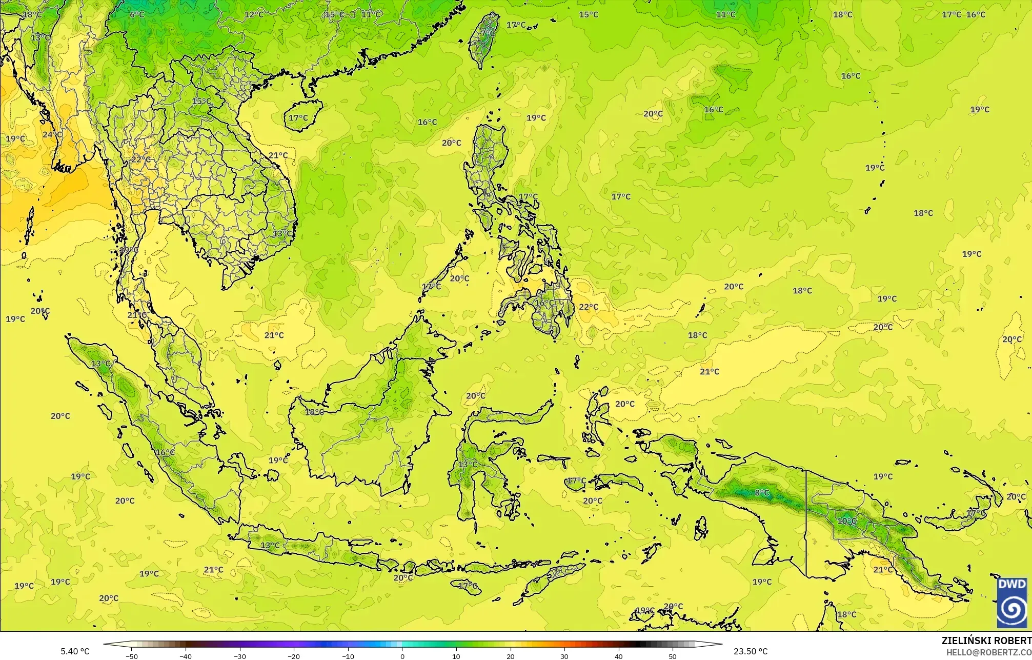 ICON modelo - Sudeste Asiático, Temperatura a 850 hPa