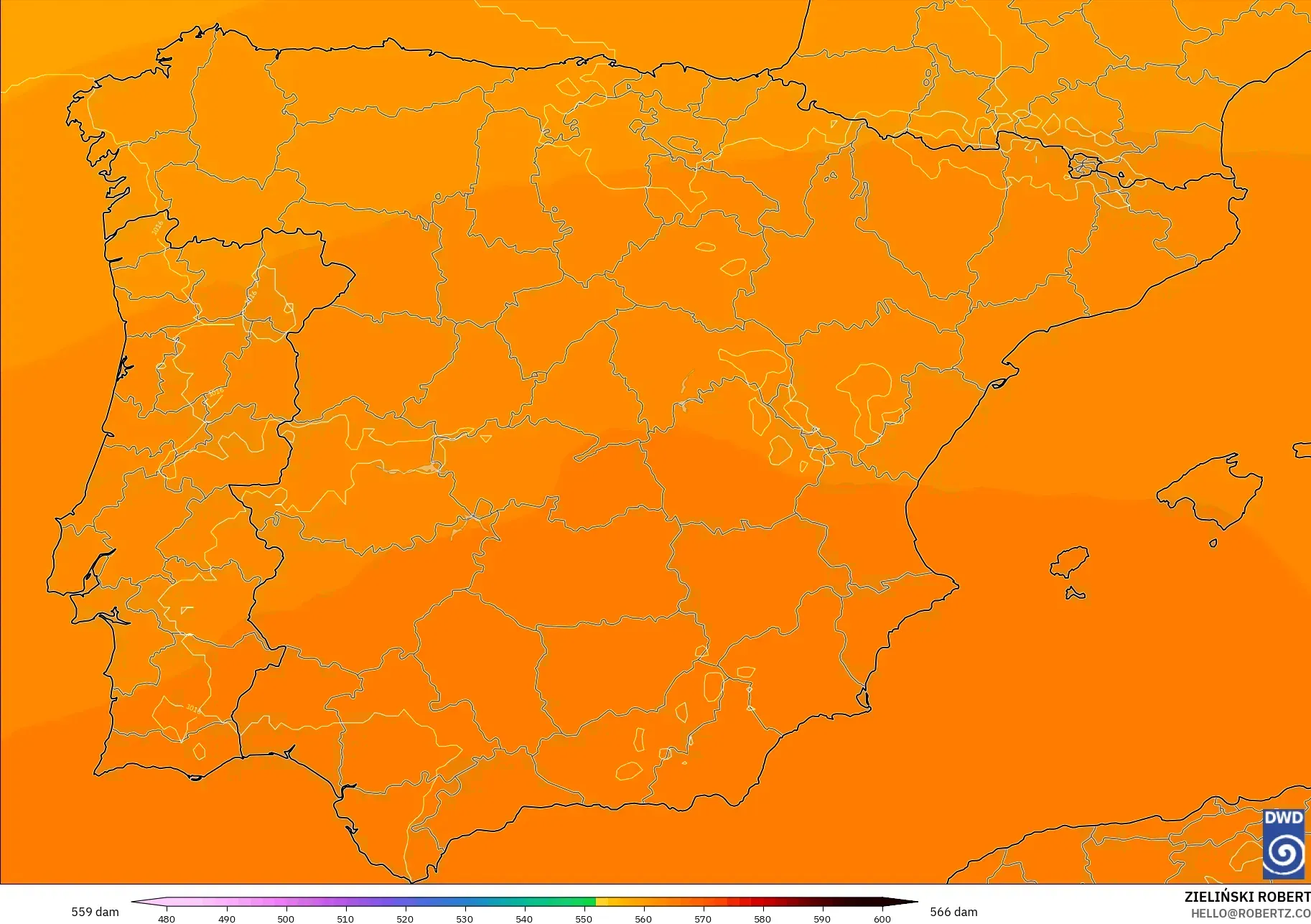ICON modelo - España, Altura geopotencial a 500 hPa
