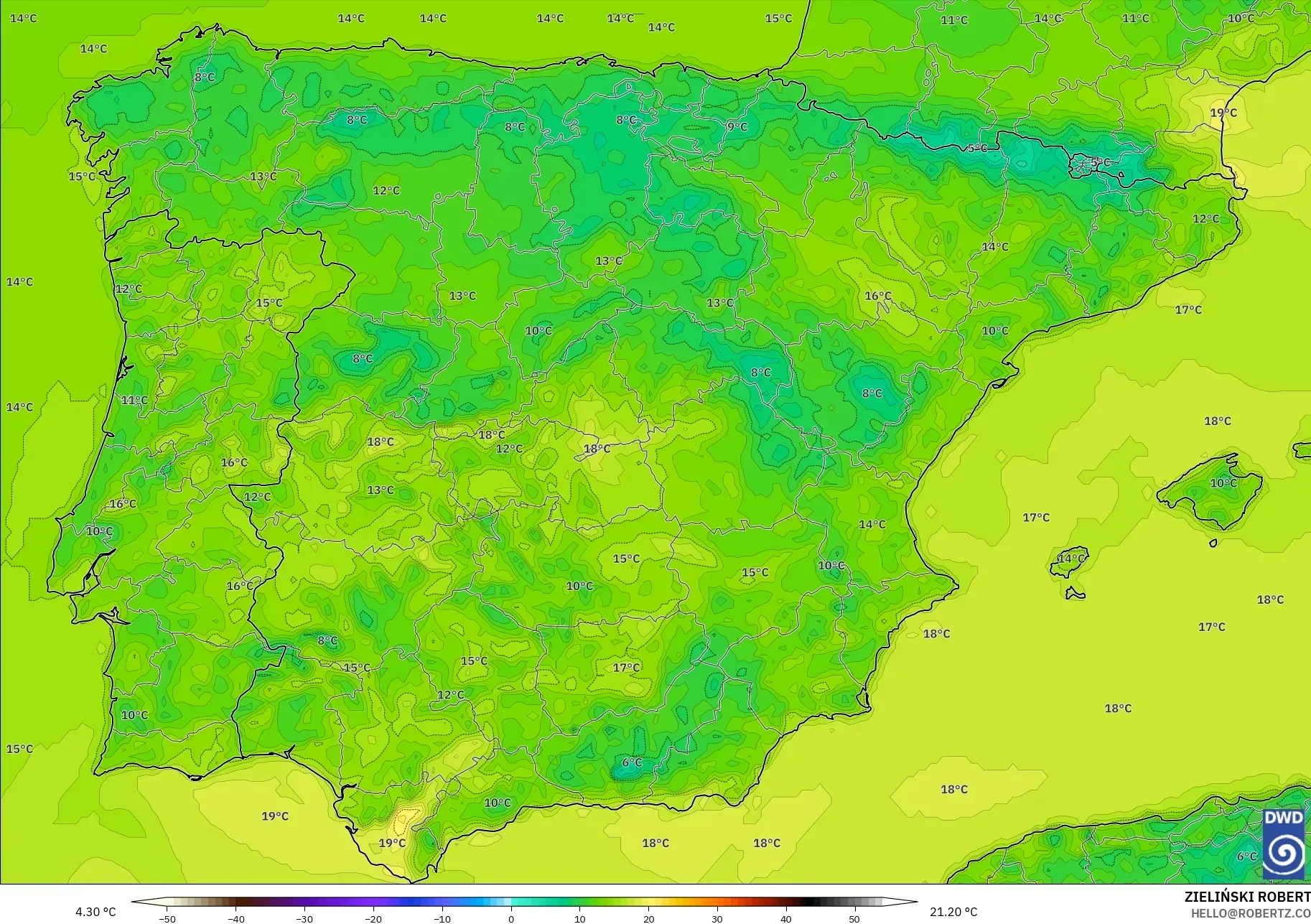 ICON modelo - España, Temperatura a 2 m