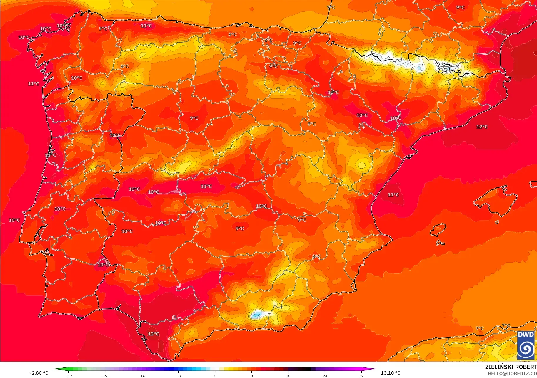 ICON modelo - España, Anomalía de temperatura a 850 hPa