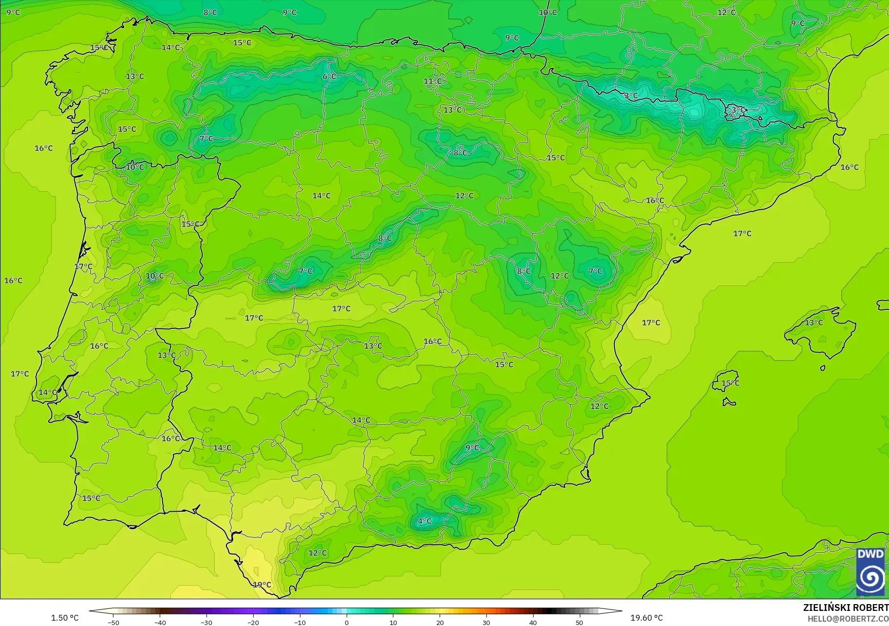 ICON modelo - España, Temperatura a 850 hPa