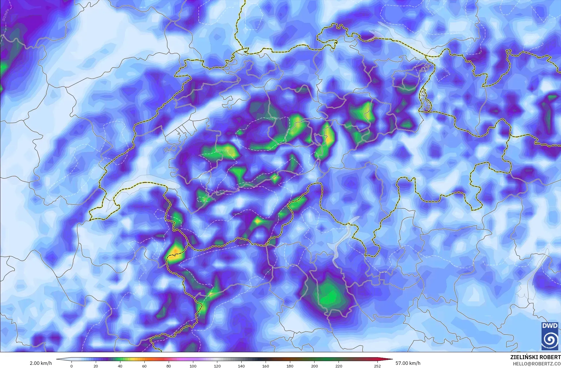 ICON modelo - Suiza, Ráfagas de Viento Máximas