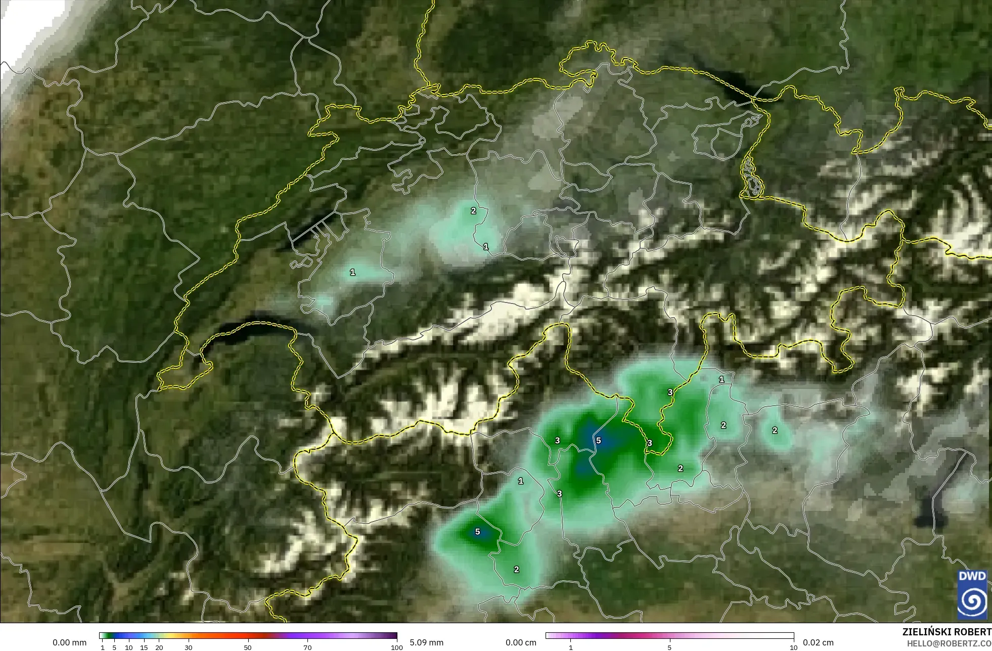 ICON modelo - Suiza, Precipitación, nubes y presión