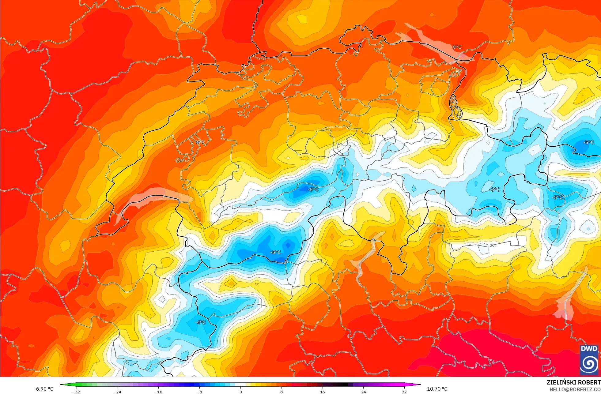 ICON modelo - Suiza, Anomalía de temperatura a 850 hPa