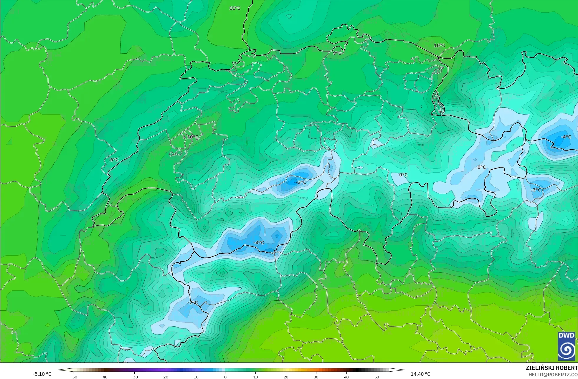 ICON modelo - Suiza, Temperatura a 850 hPa