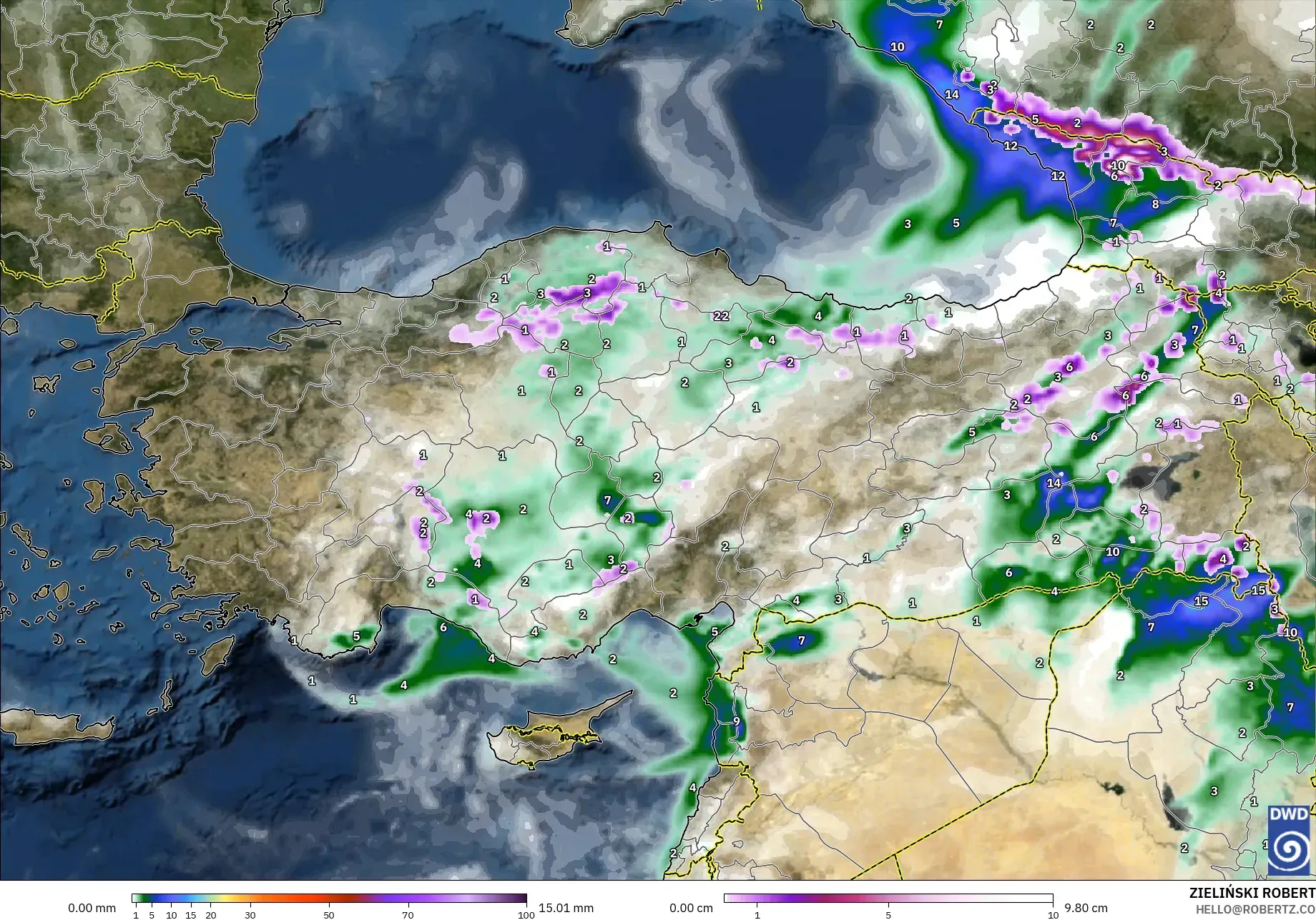 ICON modelo - Turquía, Precipitación, nubes y presión