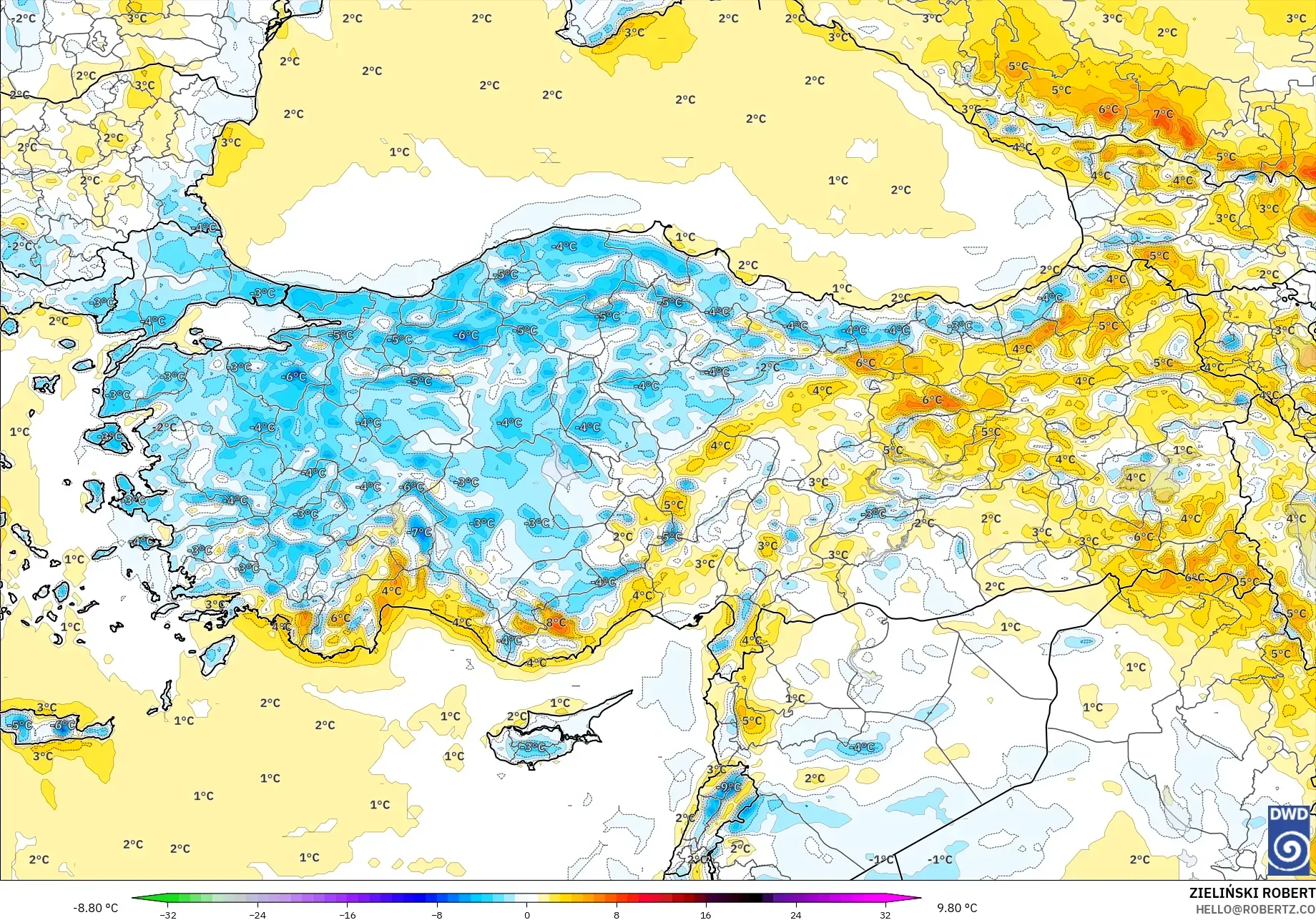 ICON modelo - Turquía, Anomalía de temperatura a 2 m