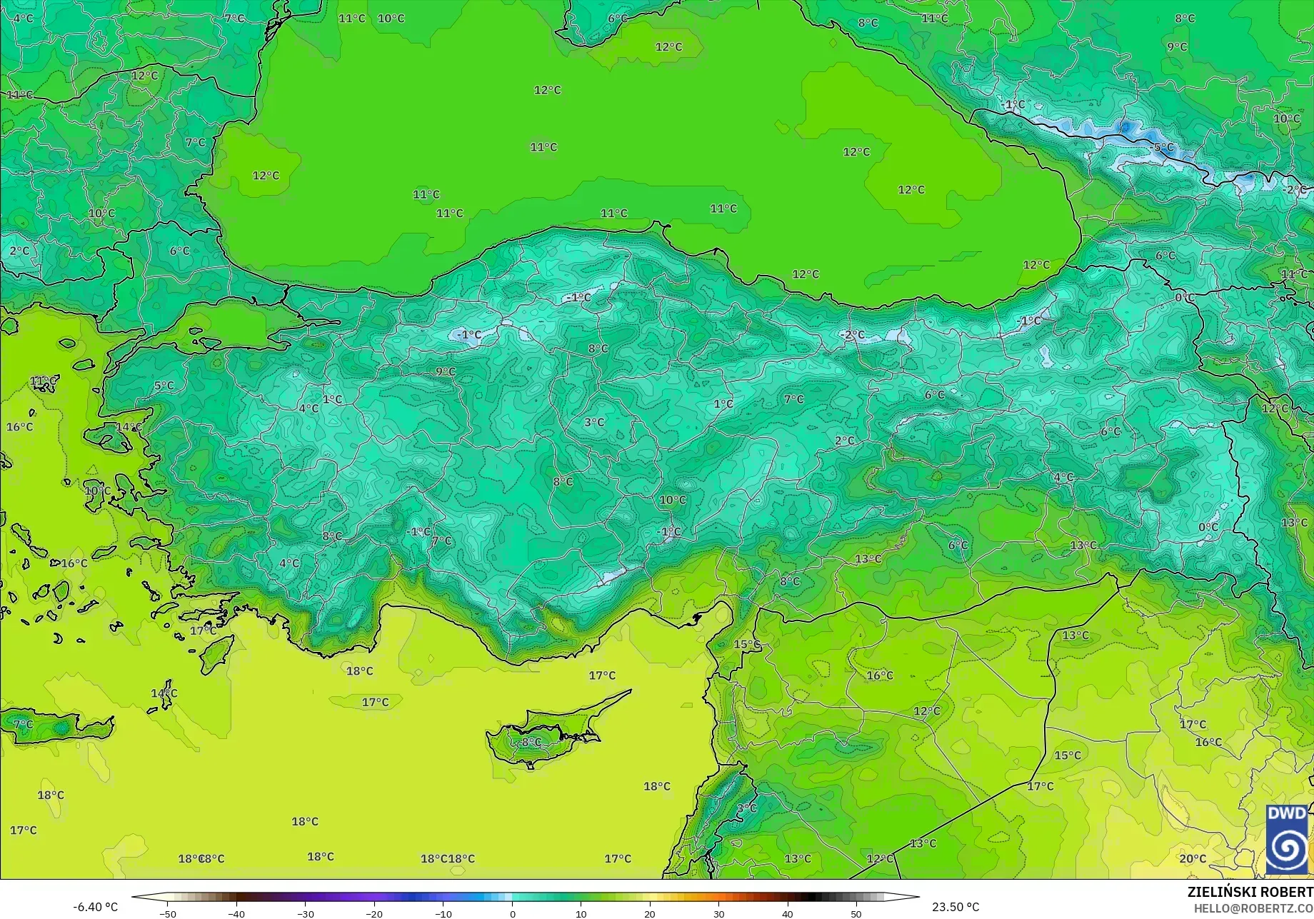 ICON modelo - Turquía, Temperatura a 2 m