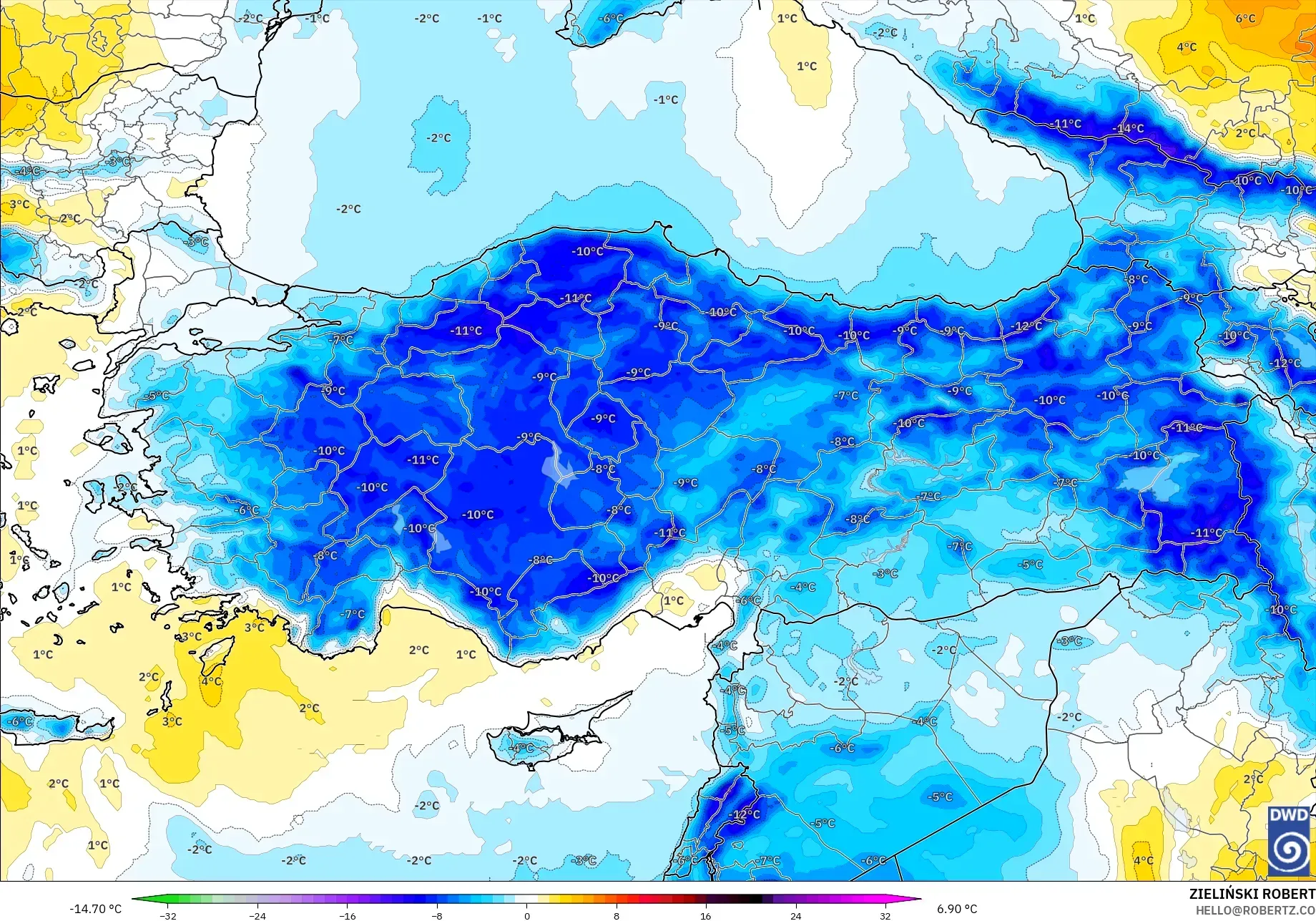 ICON modelo - Turquía, Anomalía de temperatura a 850 hPa