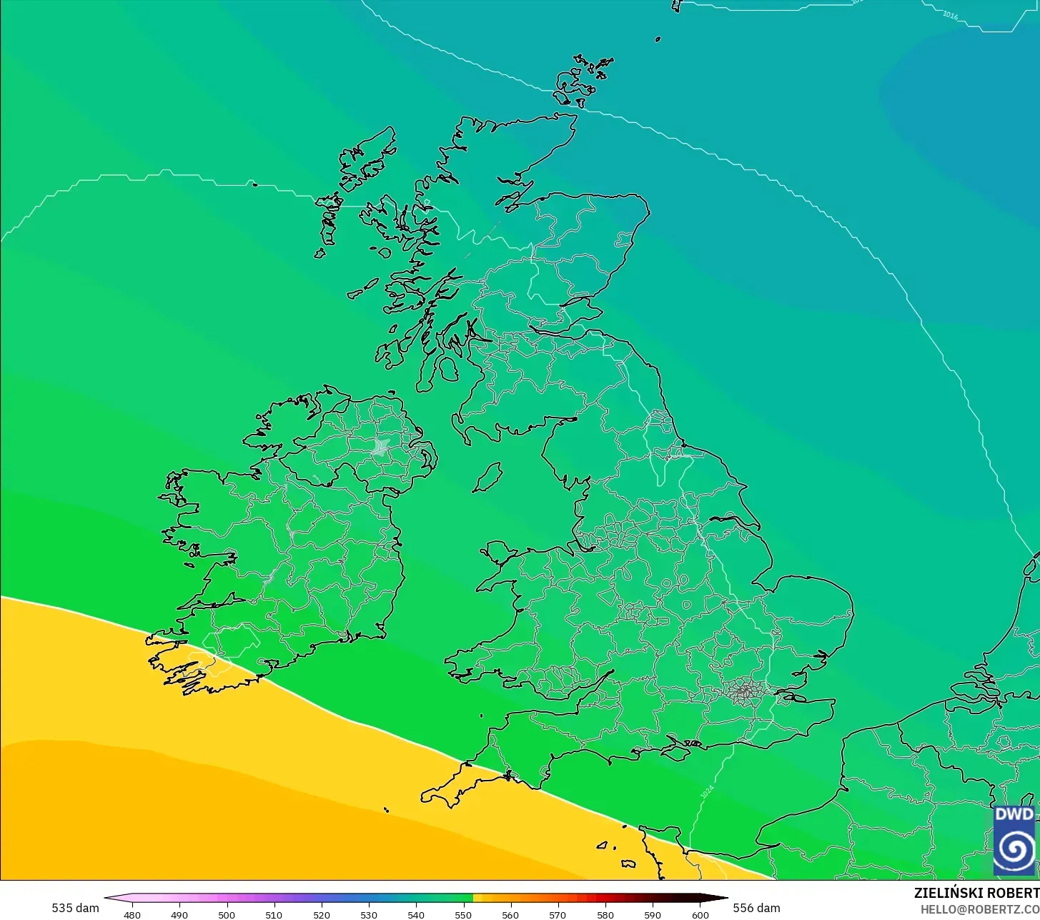 ICON modelo - Reino Unido, Altura geopotencial a 500 hPa