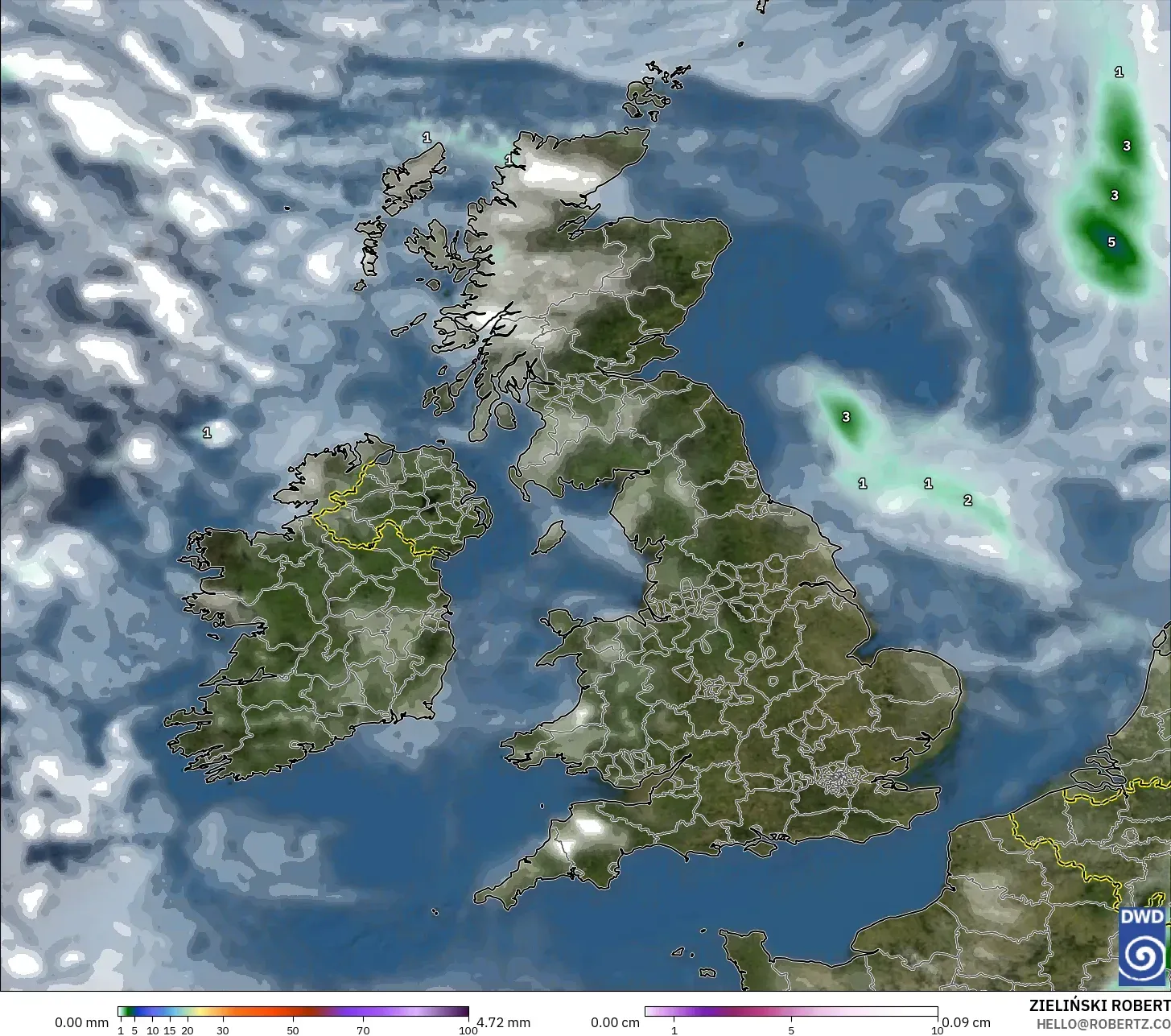 ICON modelo - Reino Unido, Precipitación, nubes y presión