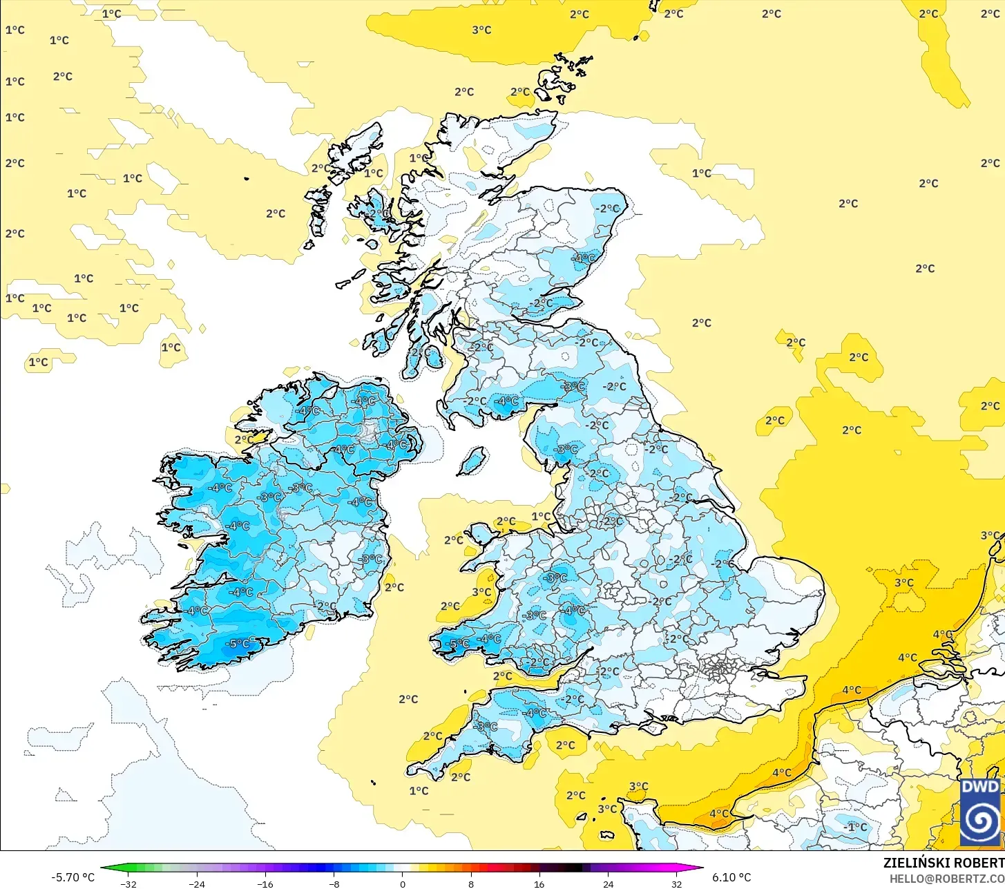 ICON modelo - Reino Unido, Anomalía de temperatura a 2 m
