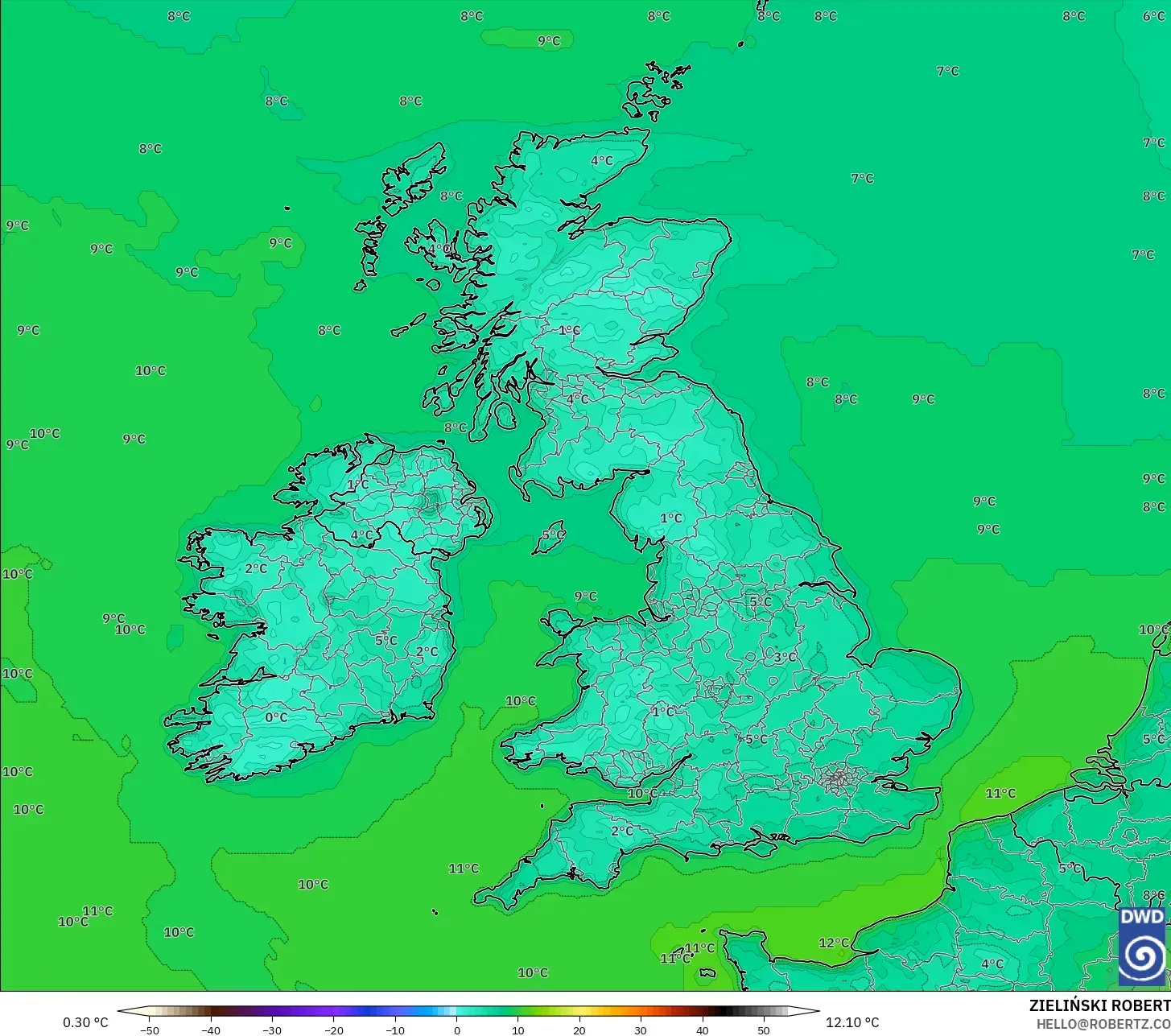 ICON modelo - Reino Unido, Temperatura a 2 m