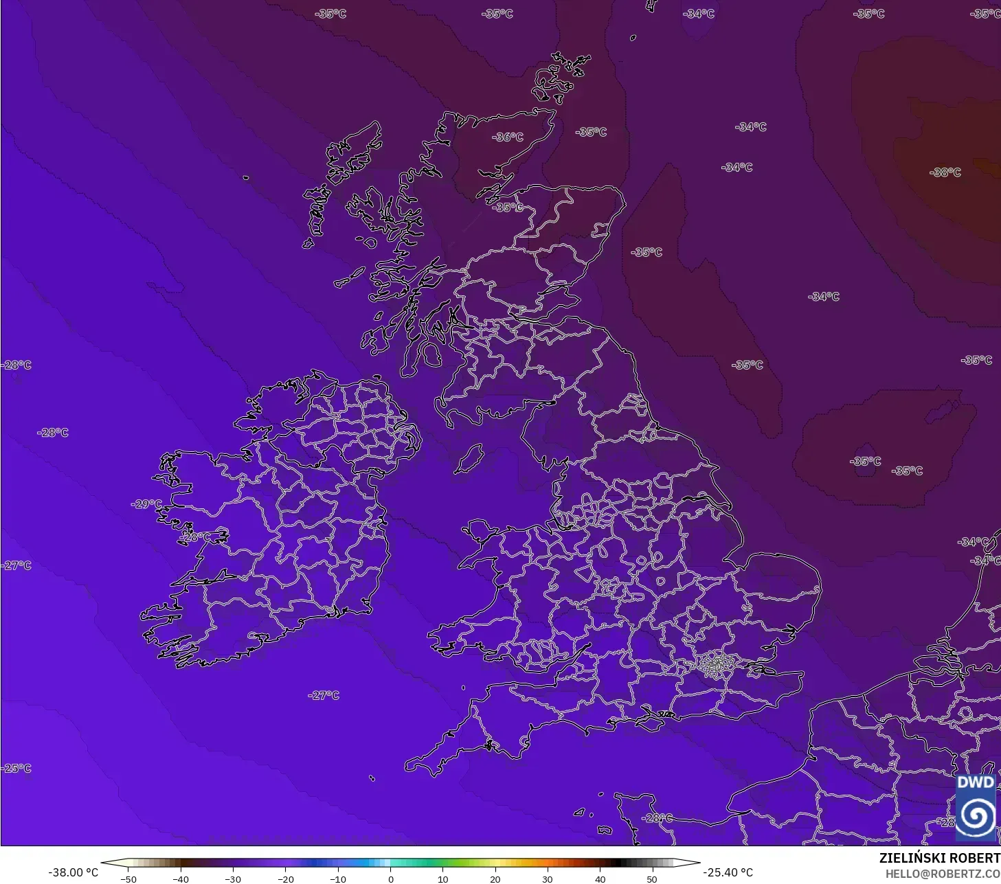 ICON modelo - Reino Unido, Temperatura a 500 hPa