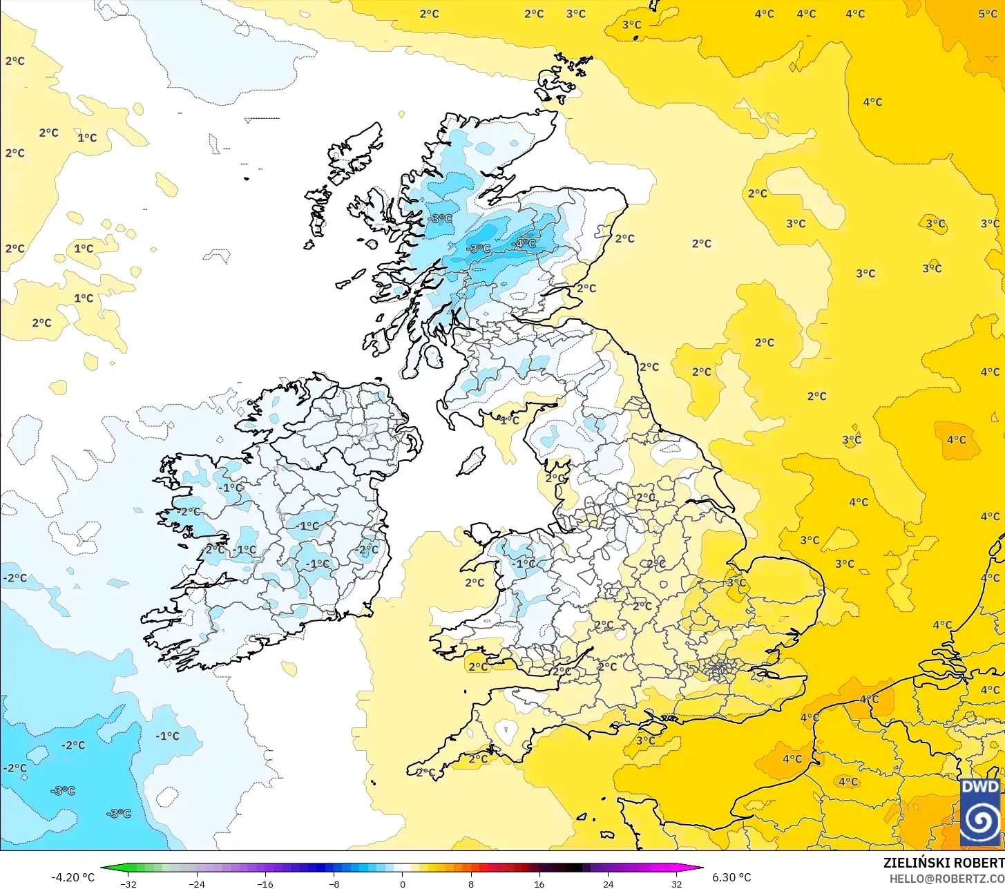 ICON modelo - Reino Unido, Anomalía de temperatura a 850 hPa
