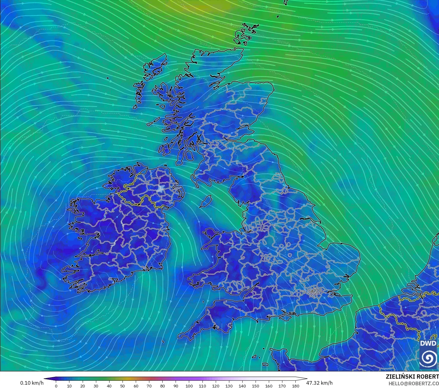 ICON modelo - Reino Unido, Viento a 10 m