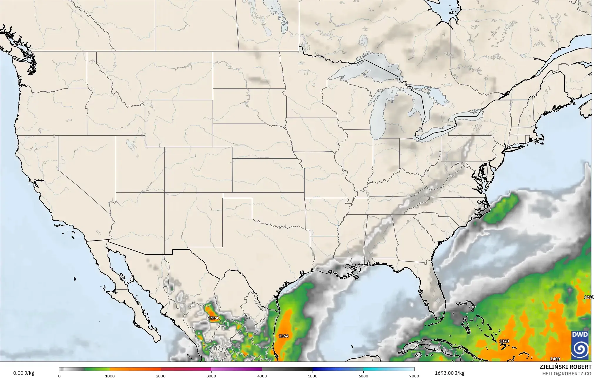 ICON modelo - Estados Unidos, CAPE